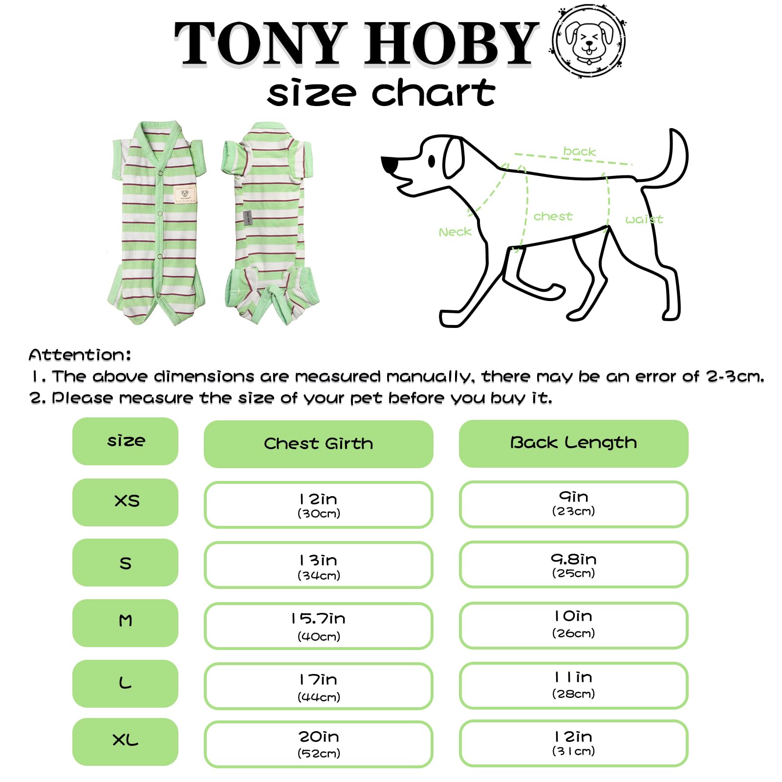 TONY HOBY Dog Pajamas Jumpsuit for Small Medium Dogs, XL, Green&White Cotton, Model DC008411