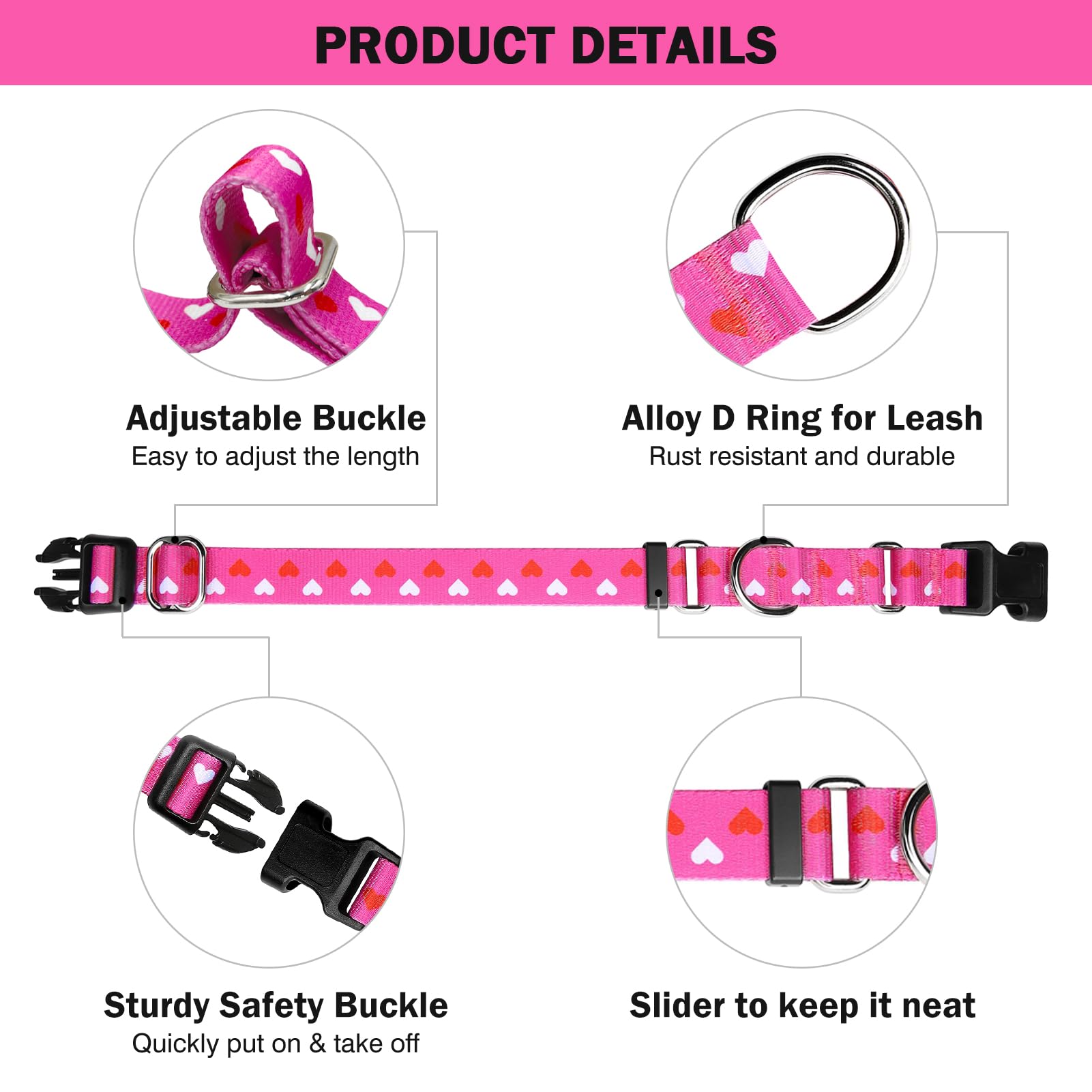 Hikiko Valentine'S Day Dog Collar For Xsmall Puppy Dogs With Adjustable Heart Martingale Collars Quick Release Buckle (Pink Love