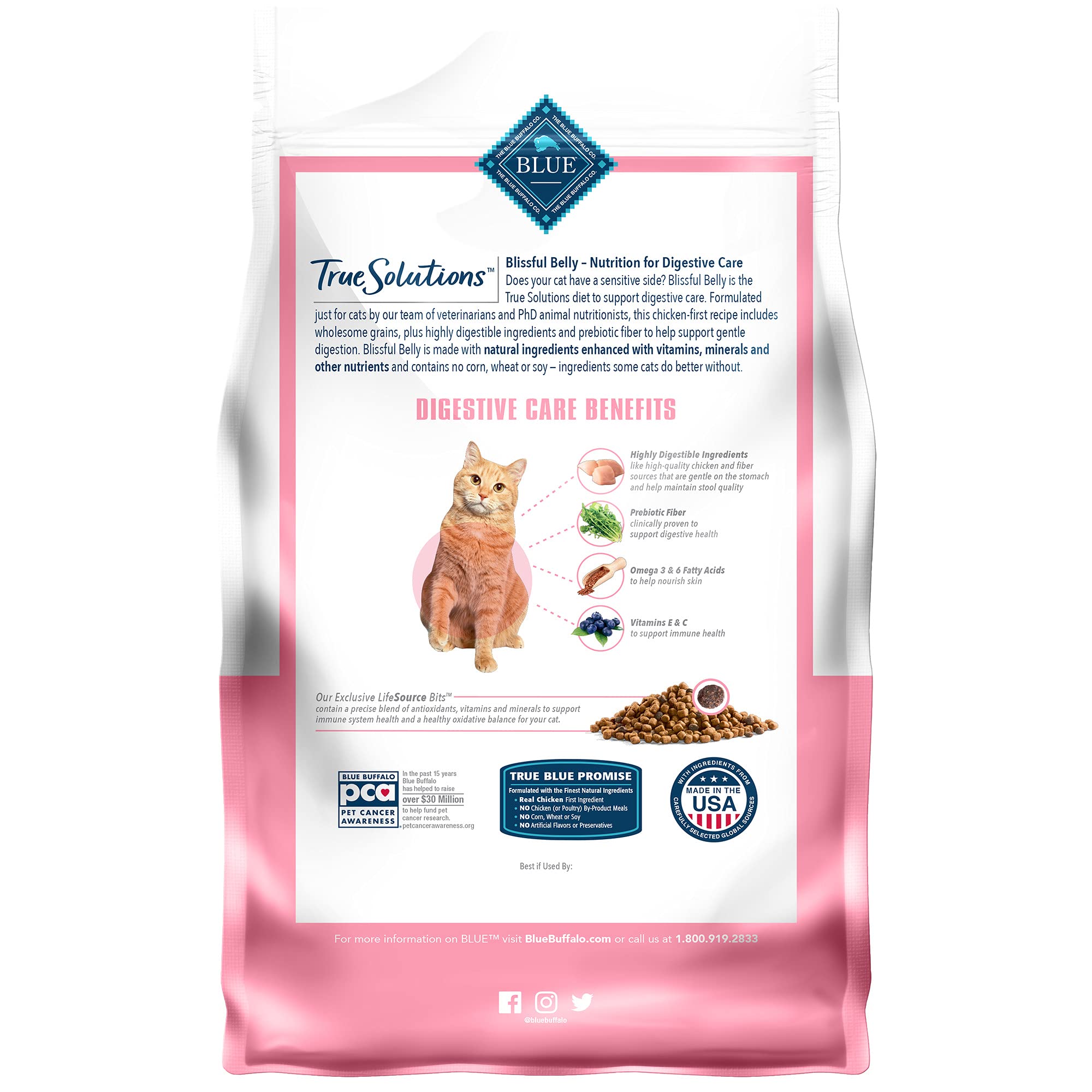 Blue Buffalo True Solutions Blissful Belly Digestive Care Natural Dry Food for Adult Cats, Chicken, 3.5-lb Bag