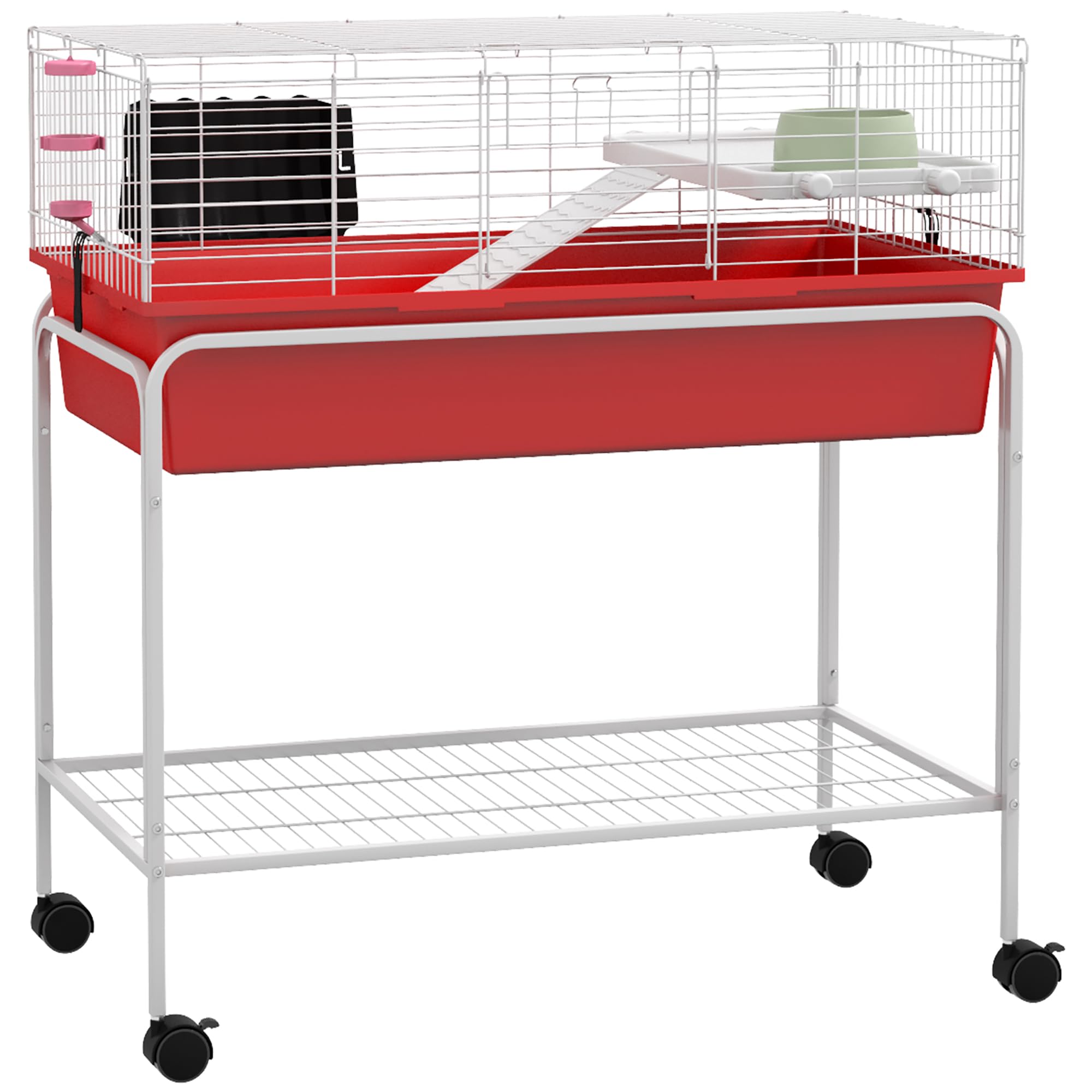 Pawhut Two- Story Small Animal Cage Removable From Stand, For Guinea Pig, Hedgehog, Chinchilla, Ferret, With Shelf & Wheels, Pet