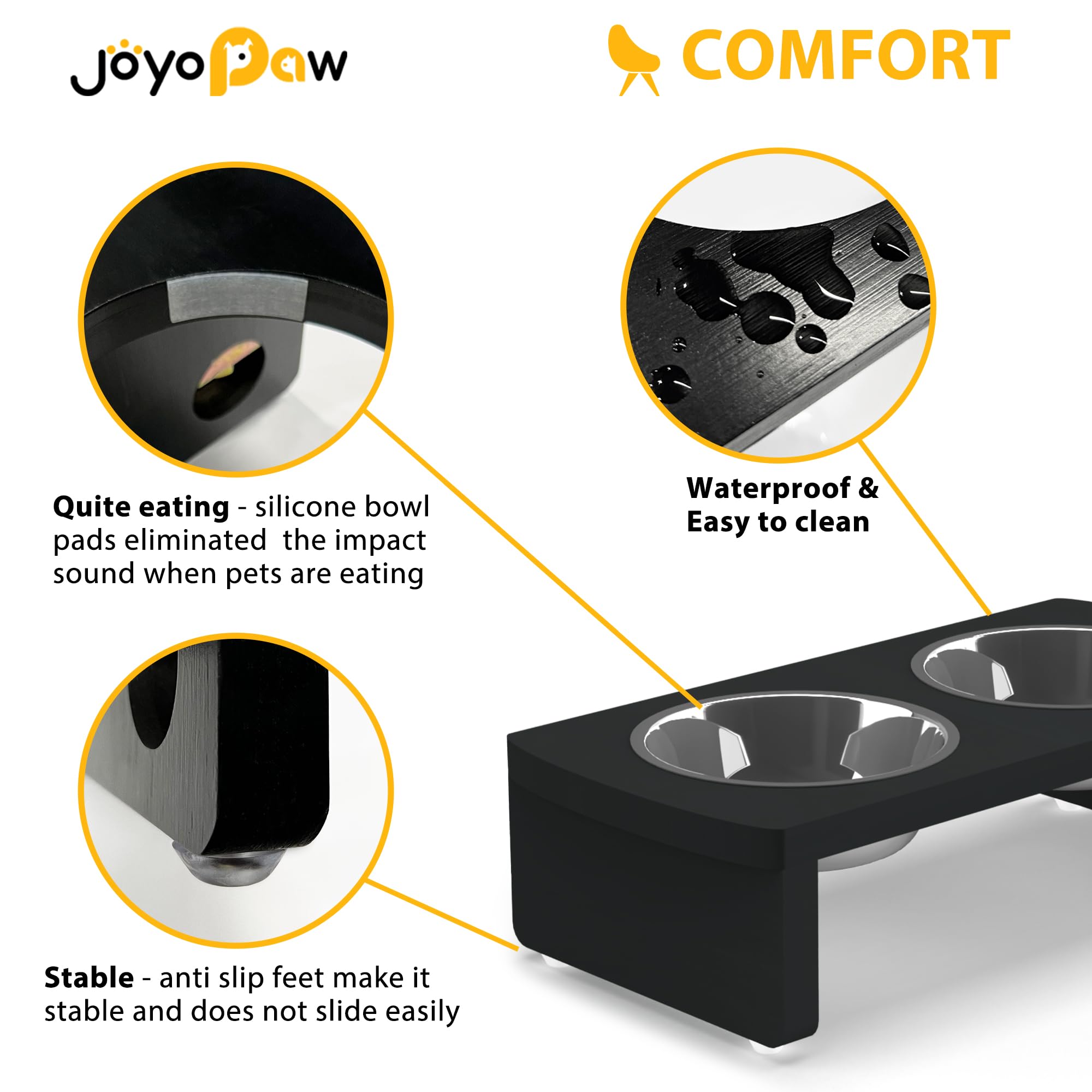 Elevated Dog Bowls, Bamboo Raised Dog Bowl for Small Dogs & Cats, with 2 Stainless Steel Bowls (4   Tall-20oz Bowl, Black)