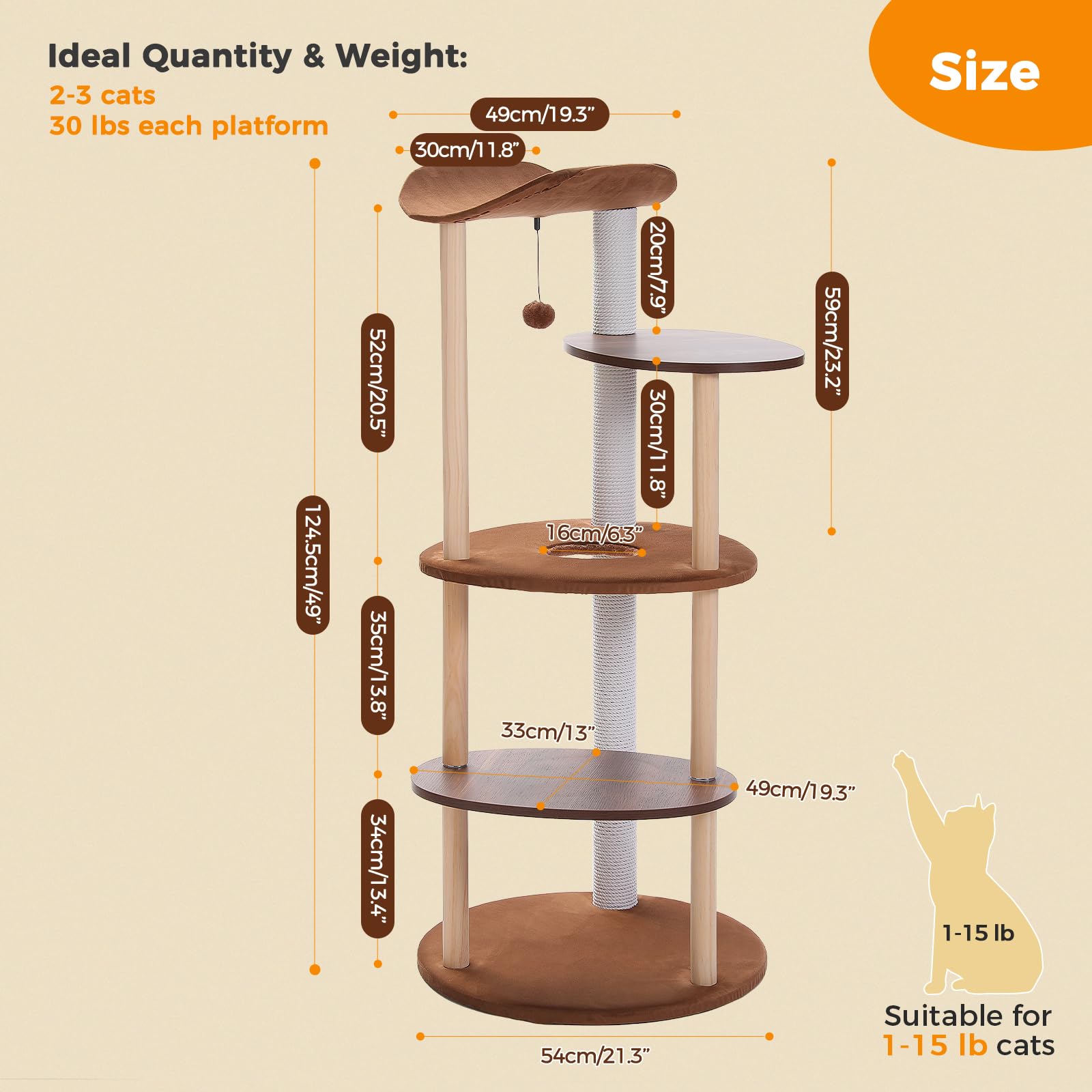 Petepela Wood Cat Tree Tower For Indoor Cats,5-Level Modern Cat Tree Cat Activity Center With Scratching Posts, Brown