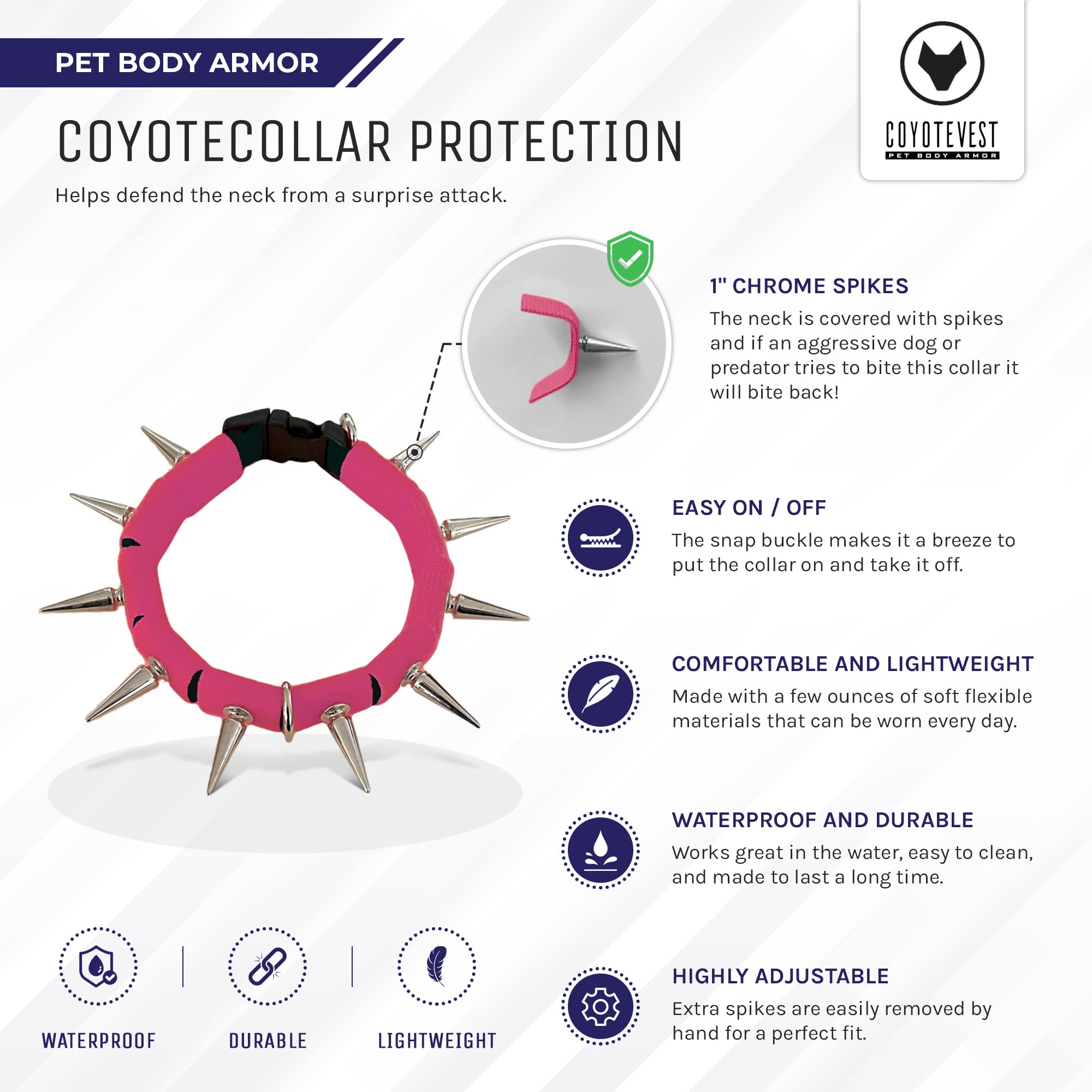 CoyoteVest Spiked Dog Collar - Adjustable Small Pink Nylon Collar for Dogs, Model CV-105-S-PK