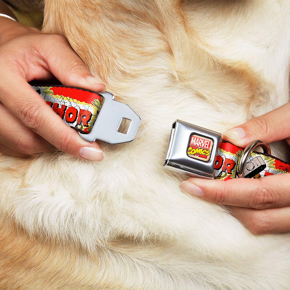 Buckle-Down Dog Collar Seatbelt Buckle Thor Hammer Red Yellow White 18 To 32 Inches 1.5 Inch Wide, Multi Color (Dc-Wth005-Wl)