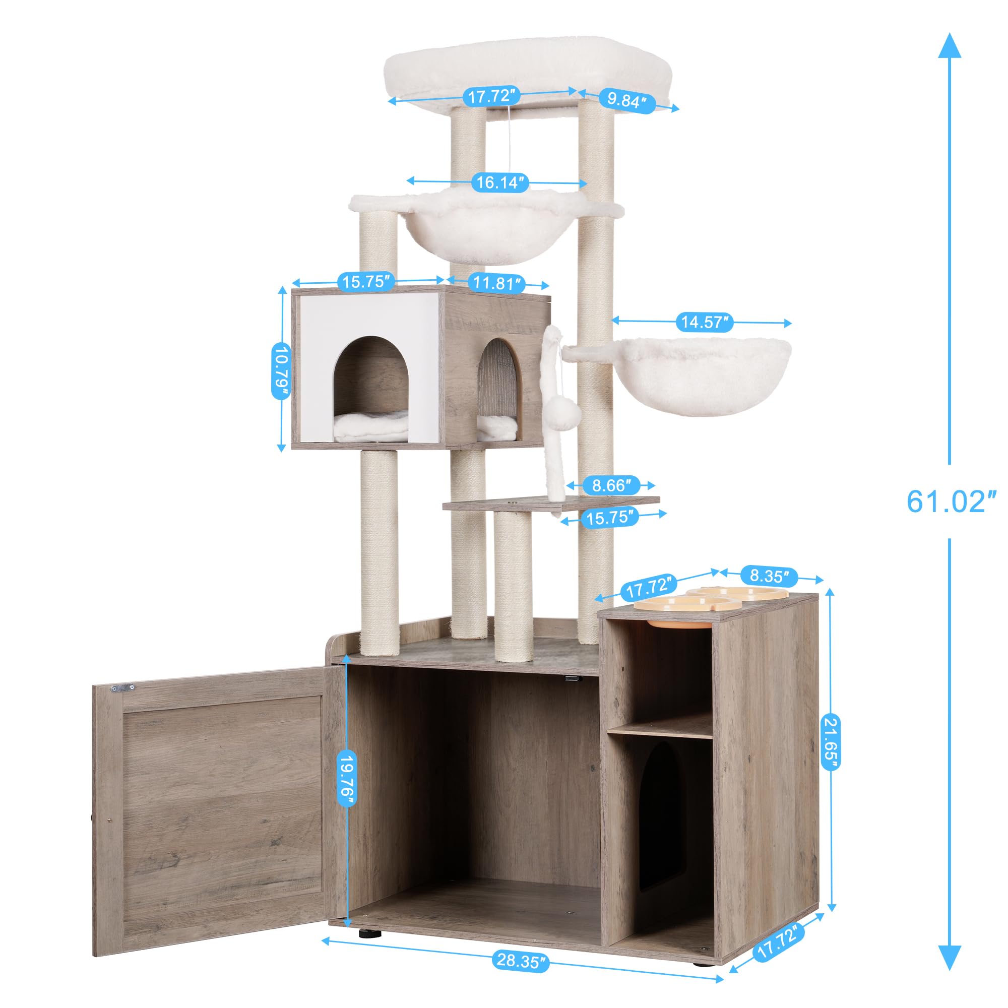 Hey-brother Cat Tree with Litter Box Enclosure, Modern Cat Tower for Indoor Cats with Large Platform, Condo Food Station and 2 H