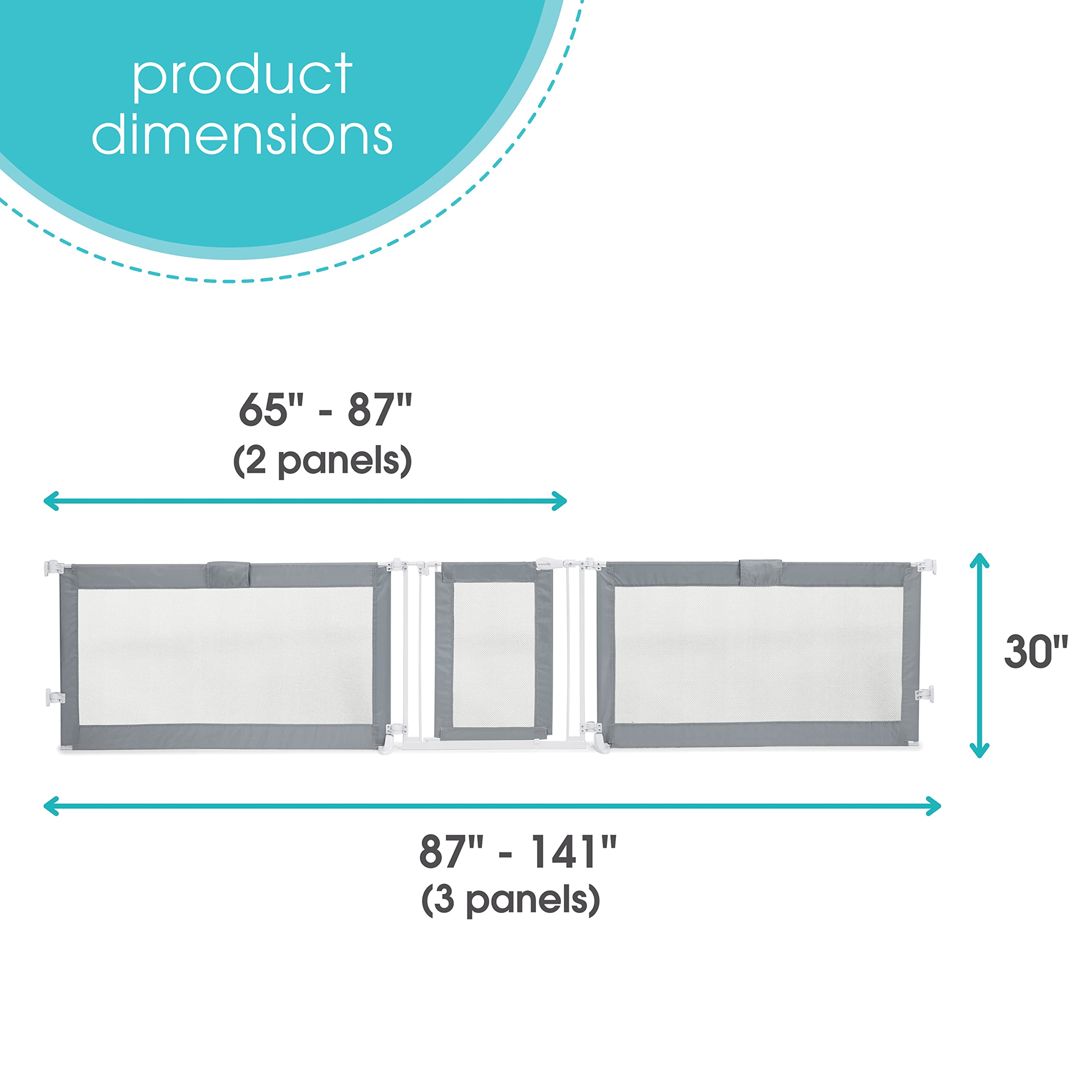 Summer Infant Custom Fit Walk-Thru Extra Wide Pet And Baby Gate, Fits Openings 65” - 87” (2 Panels) Or 87” - 141” (3 Panels), 30” Tall, Install In-Between Rooms Or Doorways - Grey