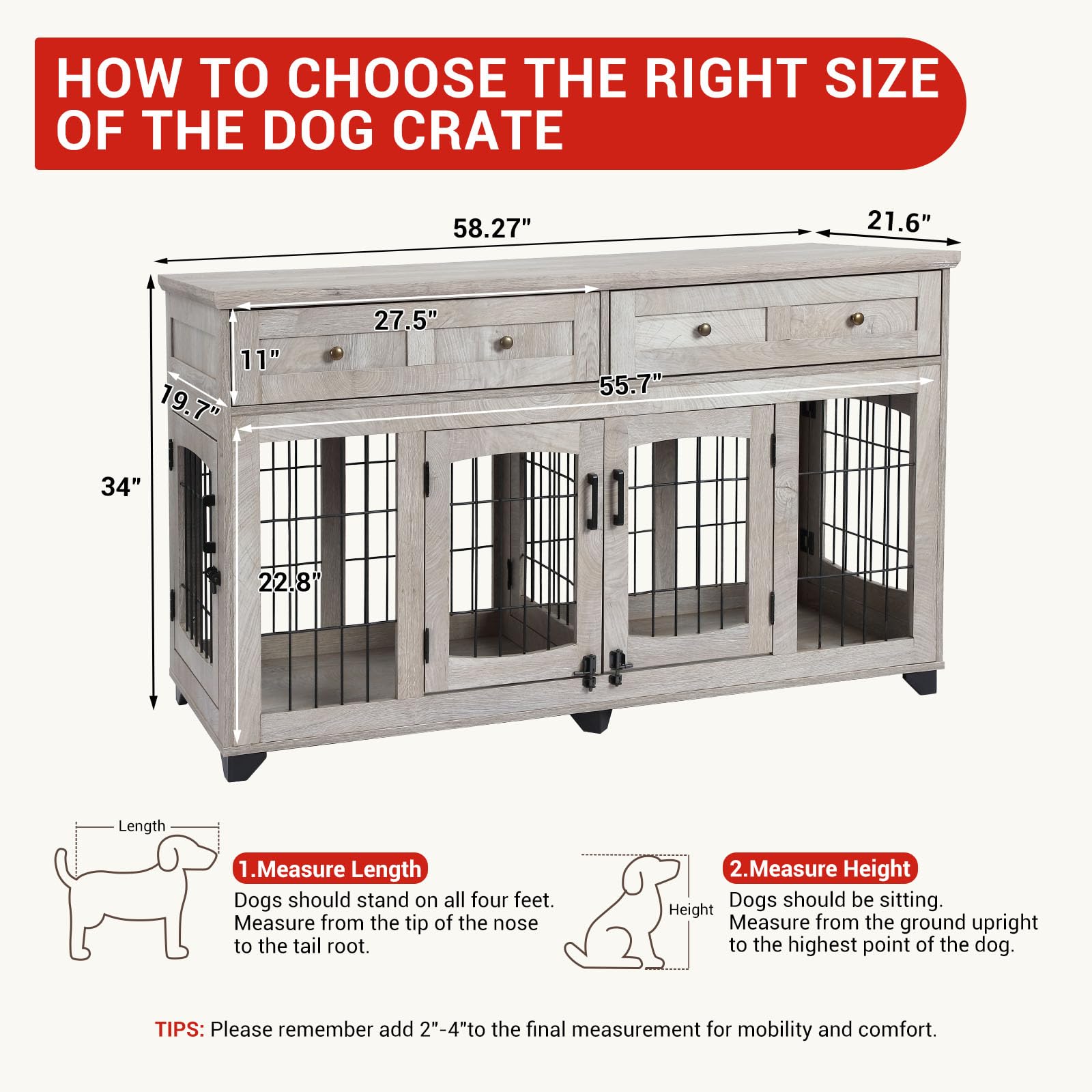Dog Crate Furniture with 5 Doors, 58 Wooden Dog Kennel End Table with Large Capacity Drawers, Dog House with Openable Divider fo