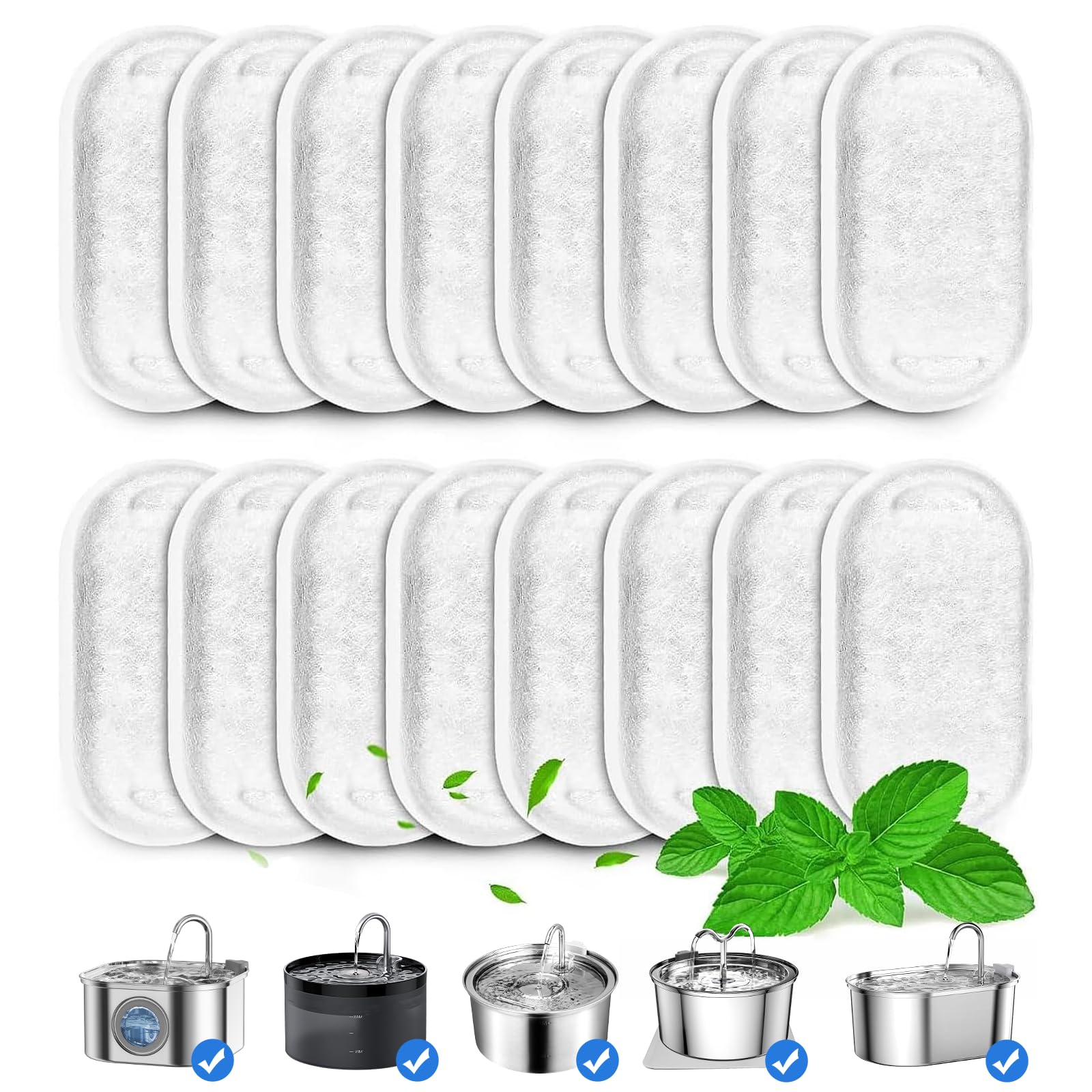 VinDox 16 Pack Replacement Filters for Stainless Steel Cat Water Fountain, 67oz/2L, Super Quiet Dog Water Dispenser, White