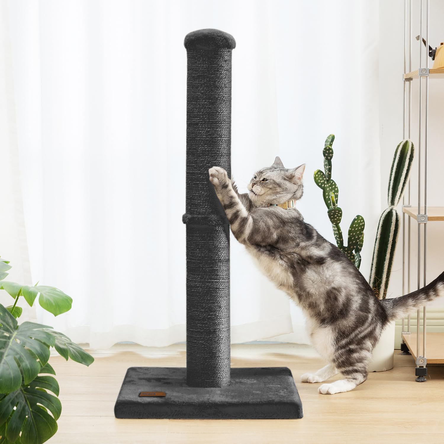 Karolpar 34" Cat Scratching Post, Large Diameter 4.3", Natural Sisal Rope, Engineered Wood, Black - Model YY101-BK