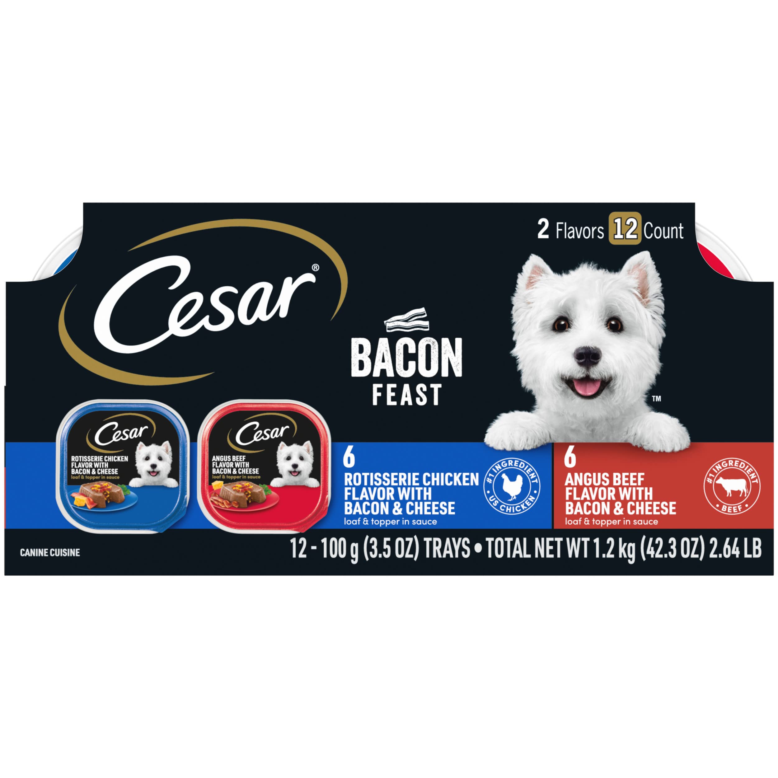 Cesar Wet Dog Food Loaf in Sauce Bacon Feast Variety Pack, 3.5 oz. Easy Peel Trays (12 Count, Pack of 2)