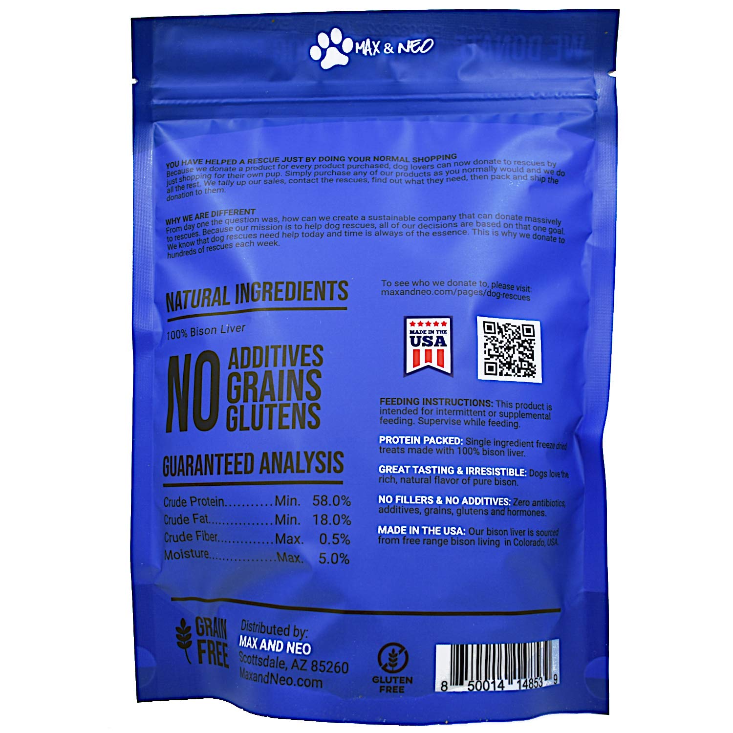 Max and Neo Bison Liver Dog Treats - Single Ingredient, 4 Ounce, Human Grade, 1 for 1 Donation to Dog Rescues