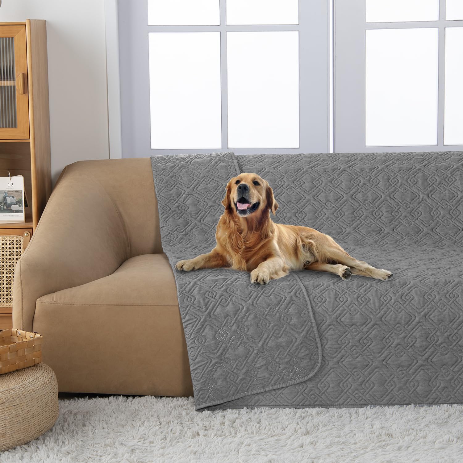 Fuguitex Waterproof Dog Bed Cover Dog Blanket For Pet Furniture Bed Couch Sofa Reversible Linen Texture(52''*82'',Light Grey+ Li