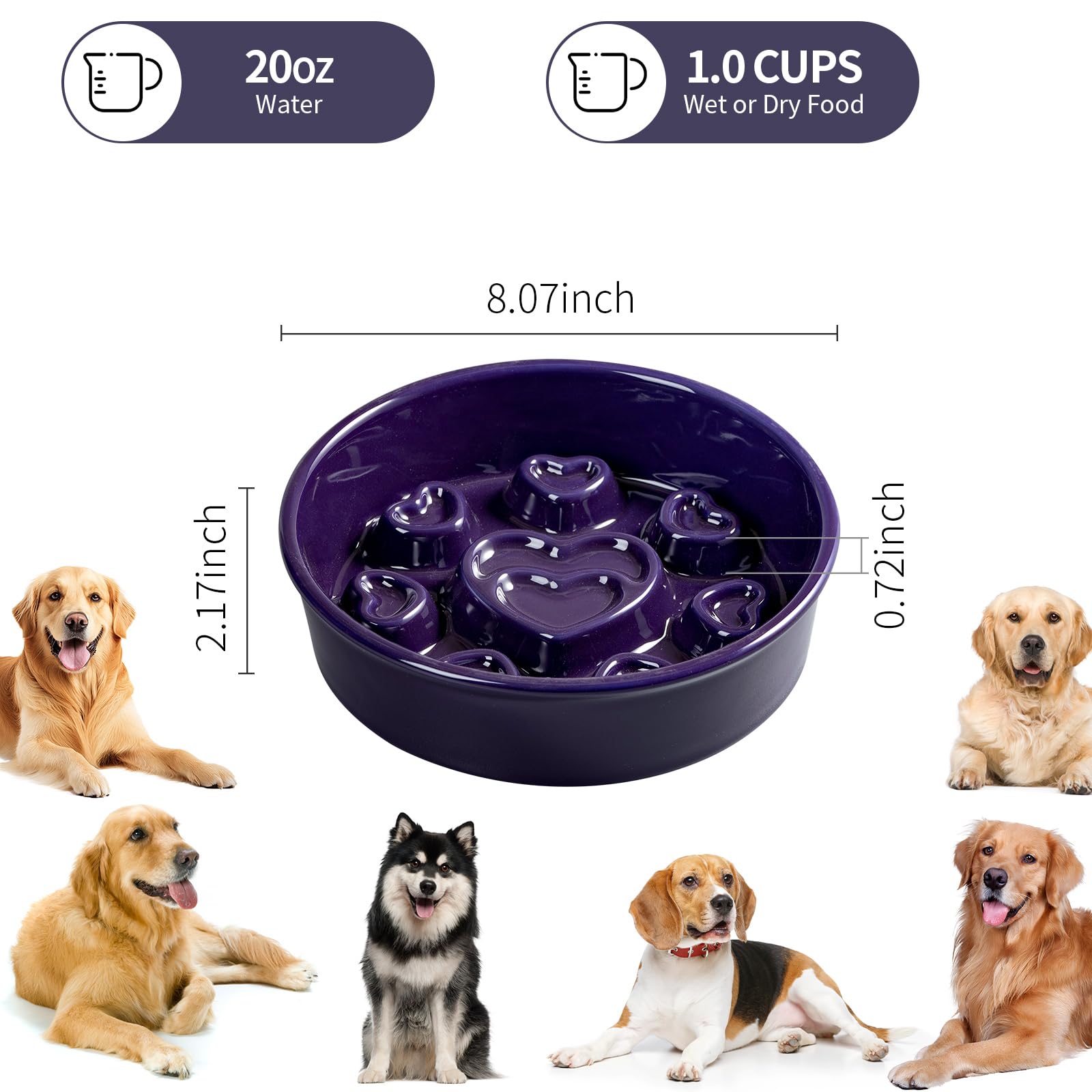 Buyank Ceramic Slow Feeder Dog Bowl, 4-Cup Anti-Slip Puzzle Feeder for Medium/Large Dogs, Indoor/Outdoor Pet Bowl for Fast Eater