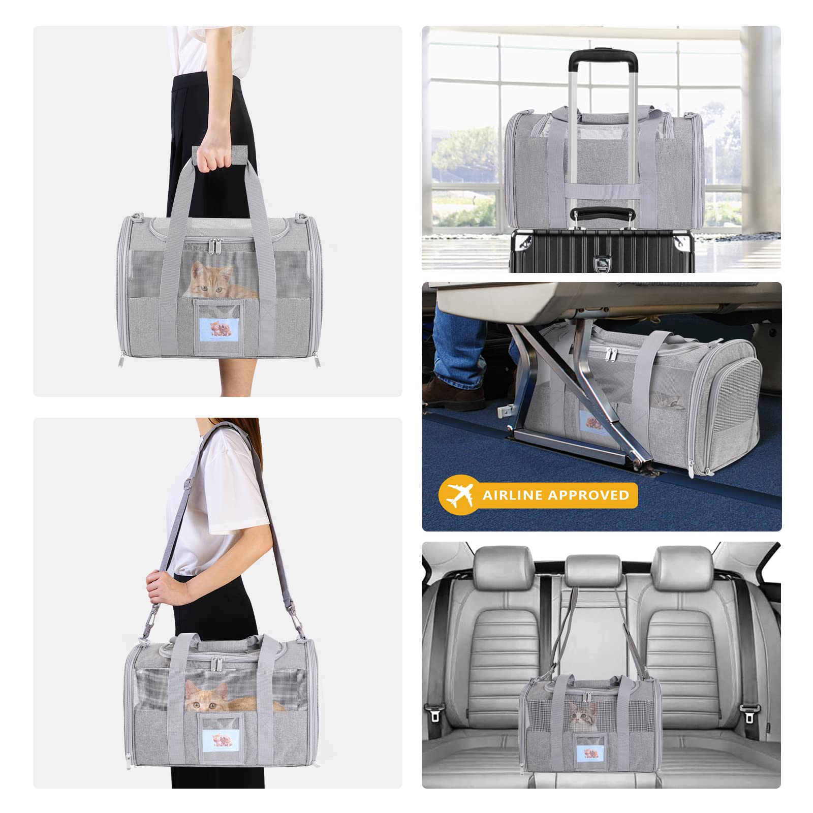 SECLATO Pet Carrier for Small Medium Dogs & Cats, TSA Approved, Collapsible, Grey, Model XC005, Under 15lb