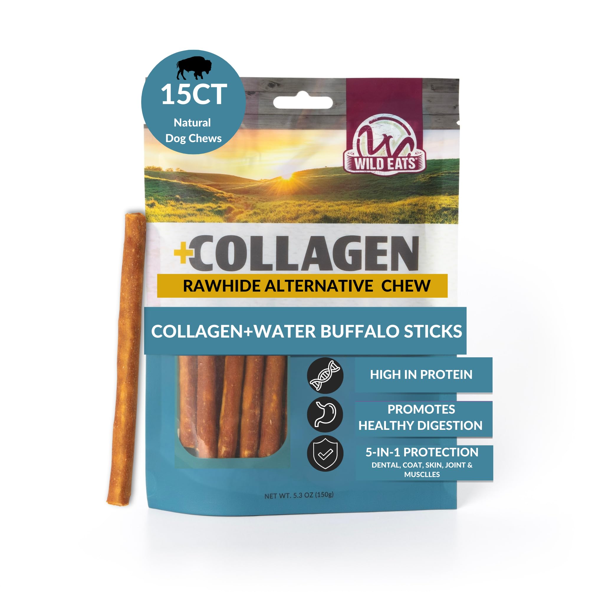 Wild Eats Water Buffalo Collagen Sticks for Dogs (15 Pack, 1 cm Wide) Long Lasting Dog Chews, No Hide Dog Treat Bully Stick Alte