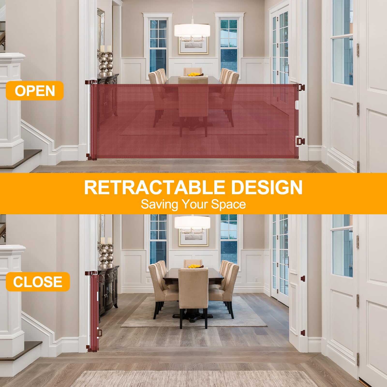 Retractable Baby Gate, Mesh Baby Gate or Mesh Dog Gate, 33'' Tall, Extends up to 100'' Wide,Child Safety Gate for Doorways, Stai