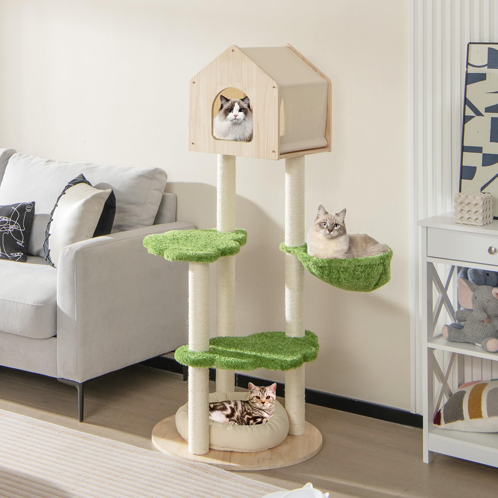 Tangkula Cat Tree Tower, Multi-Level Modern Wood Cat Tower With Sisal Scratching Posts, Jumping Platforms, Perch, Hammock, Cute Cat Condo, Tall Cat Tree For Indoor Cats Large Adult (55 Inch)