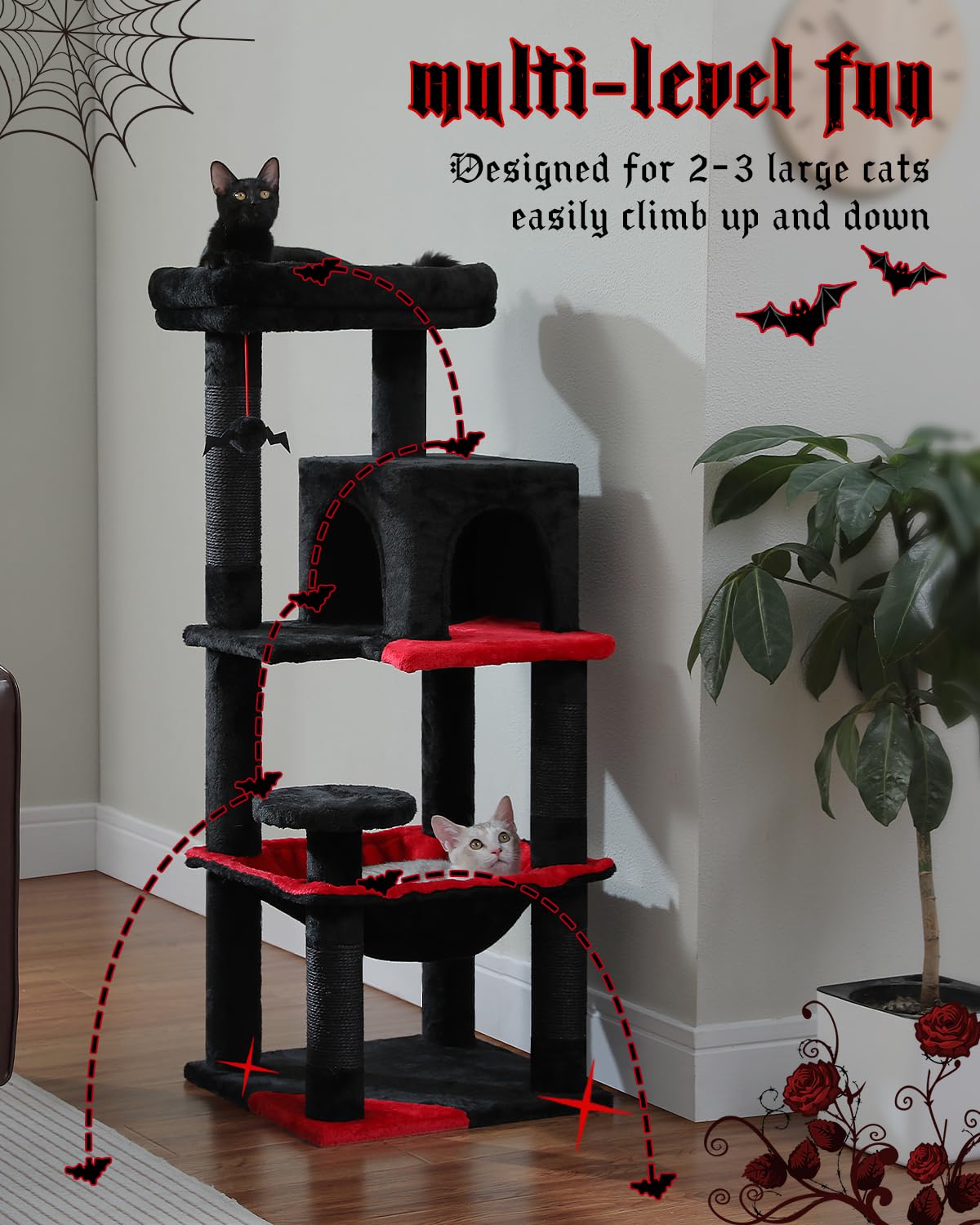 Muttros Gothic Cat Tree With Super Large Hammock, 45.7' Black Cat Tower With Coffin Bed, Cat Condo, Sisal Scratching Posts & Top Perch, Multi-Level Goth Cat Tree, Halloween, Black