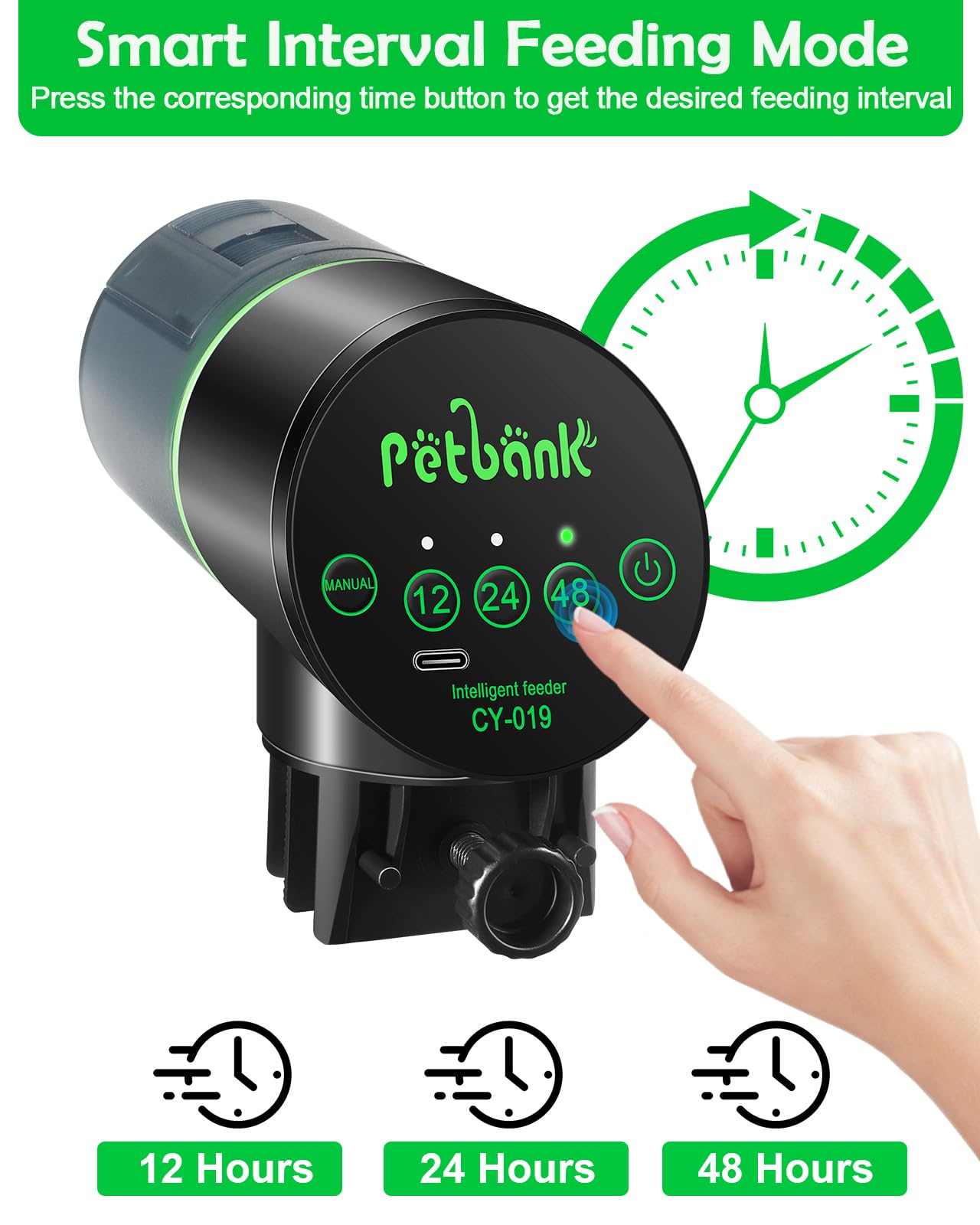 Petbank Automatic Fish Feeder - Rechargeable Fish Food Dispenser for Small & Large Tanks, USB Charger, 12/24/48H Timer, Black, Model CY-009