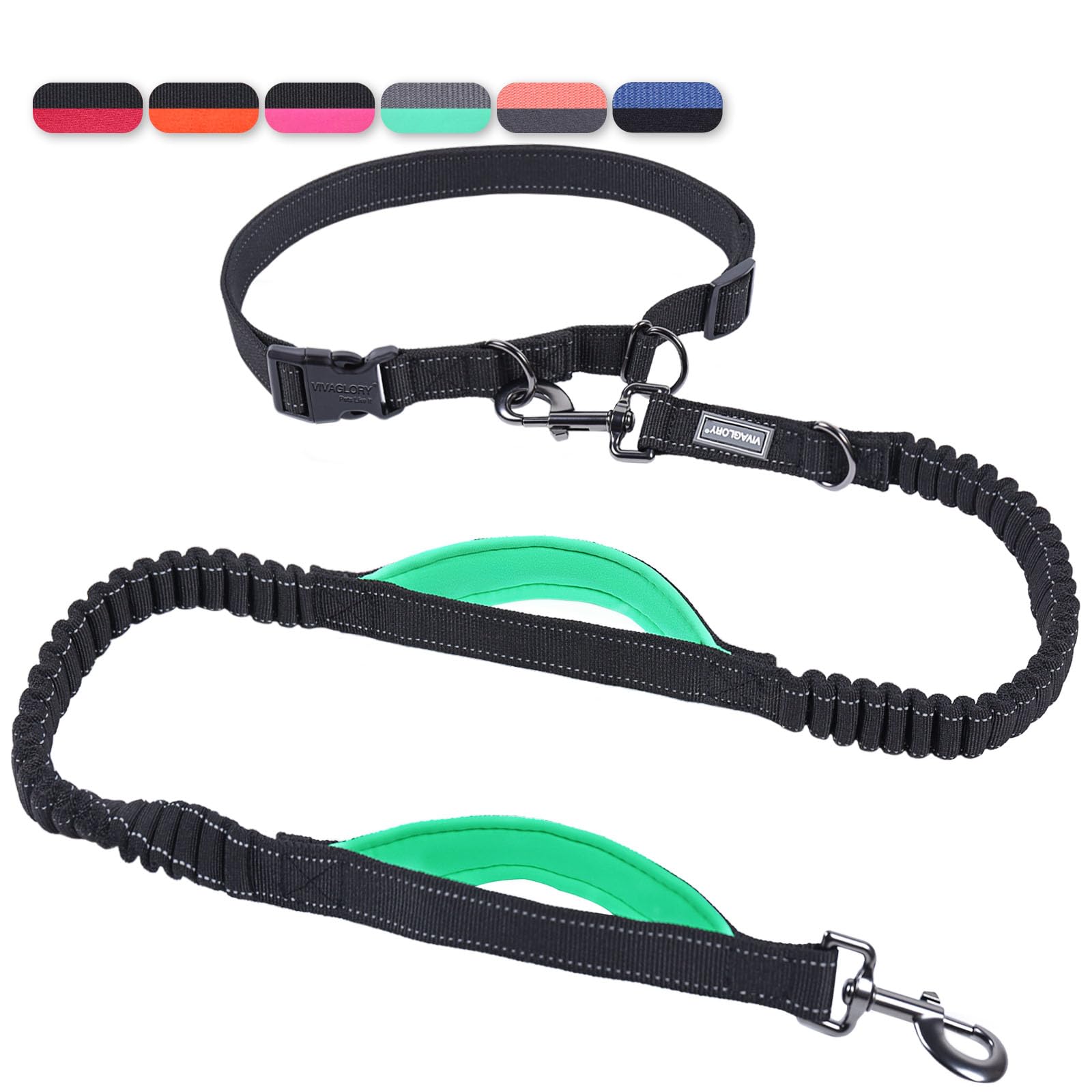 Vivaglory Hands Free Dog Leash With Dual Advanced Anti-Shock Bungees And Padded Handles, Reflective Waist Running Leash With Adjustable Belt For Medium Large Dogs, Black/Turquoise