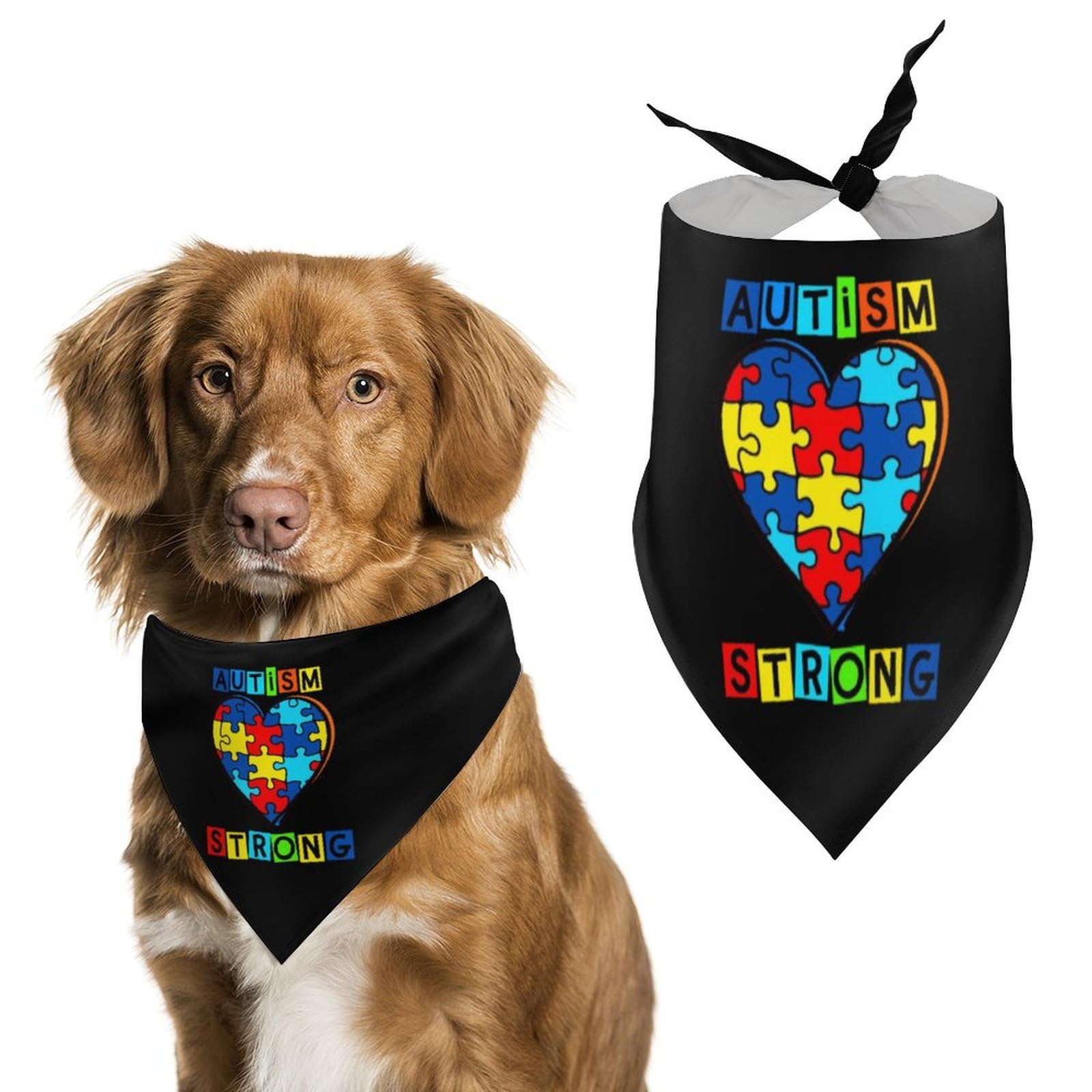 Dog Bandanas Autism Strong Heart Puzzle Piece Awareness Puppy Pet V-Neck Bibs Scarf Triangle Adjustable Kerchief Accessories for