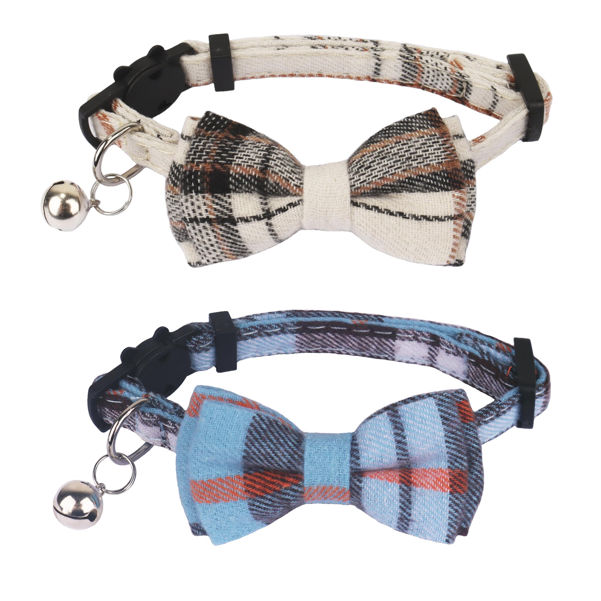Adoggygo Plaid Cat Collars Breakaway With Bow Bell, Removable Bowtie, 2 Pack Beige Blue Plaid Kitten Bow Collar For Cats Kittens