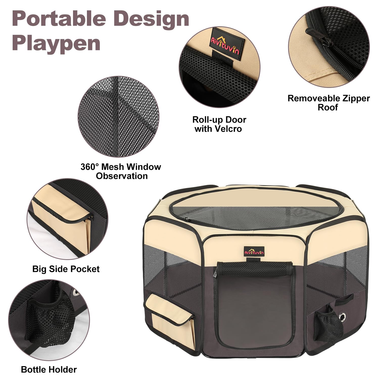 Aivituvin Portable Pet Playpen, Foldable Dog Tent Crate Cage For Puppies And Cats, Exercise Pop Up Dog Kennel With Carrying Case