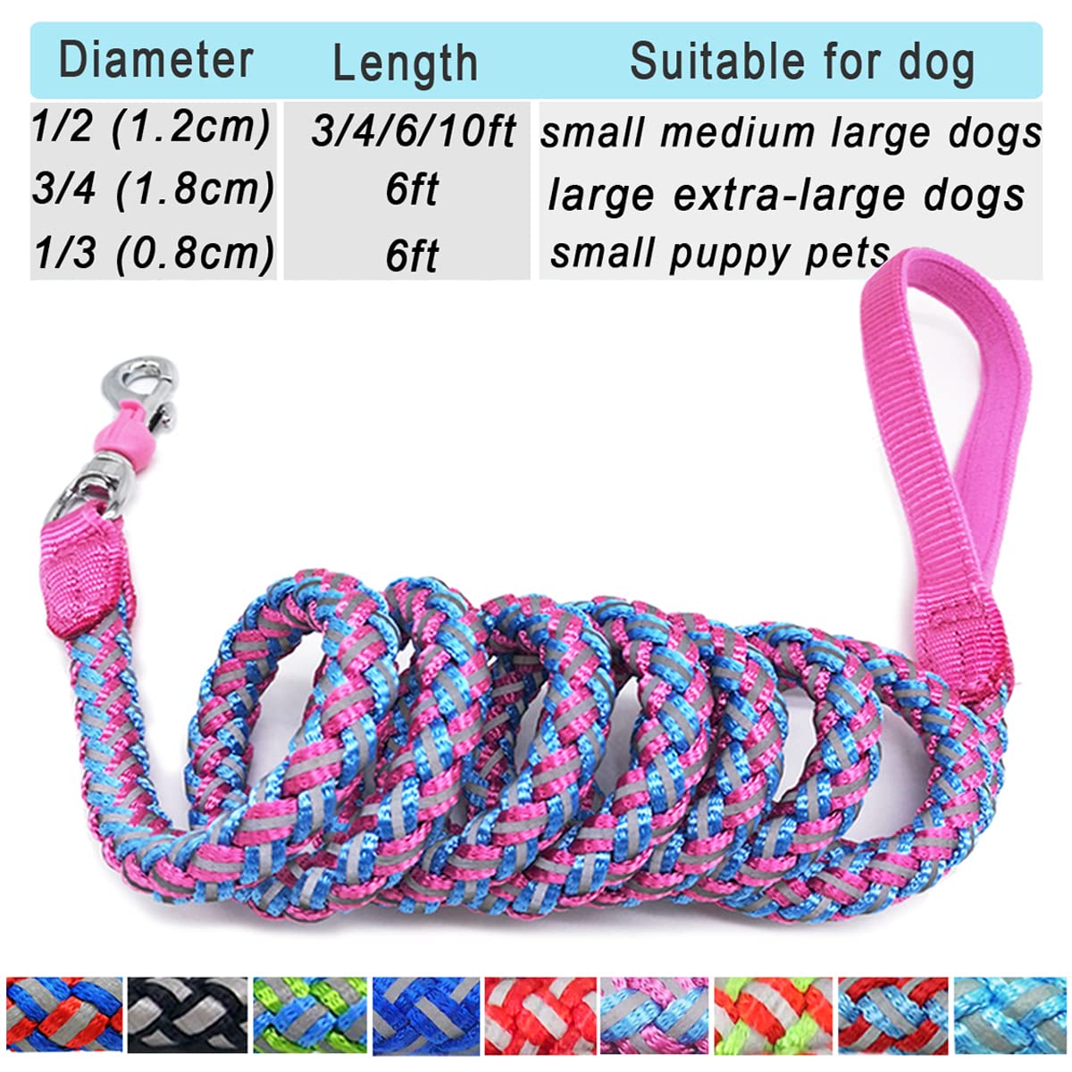 Mycicy 3Ft 4Ft 6Ft 10Ft Reflective Dog Leash, Nylon Rope Braided Heavy Duty Dog Training Leash For Large Medium Small Dogs Walking Lead (Pink 4Ft)