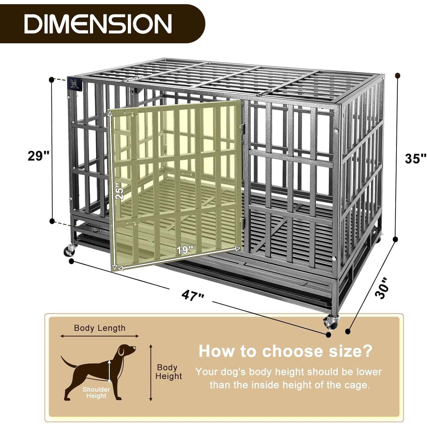 Confote 47 Inch Heavy Duty Dog Crate Metal Cage Kennel, High Anxiety Pet Cage With Lockable Wheels & Double Doors For Medium Lar