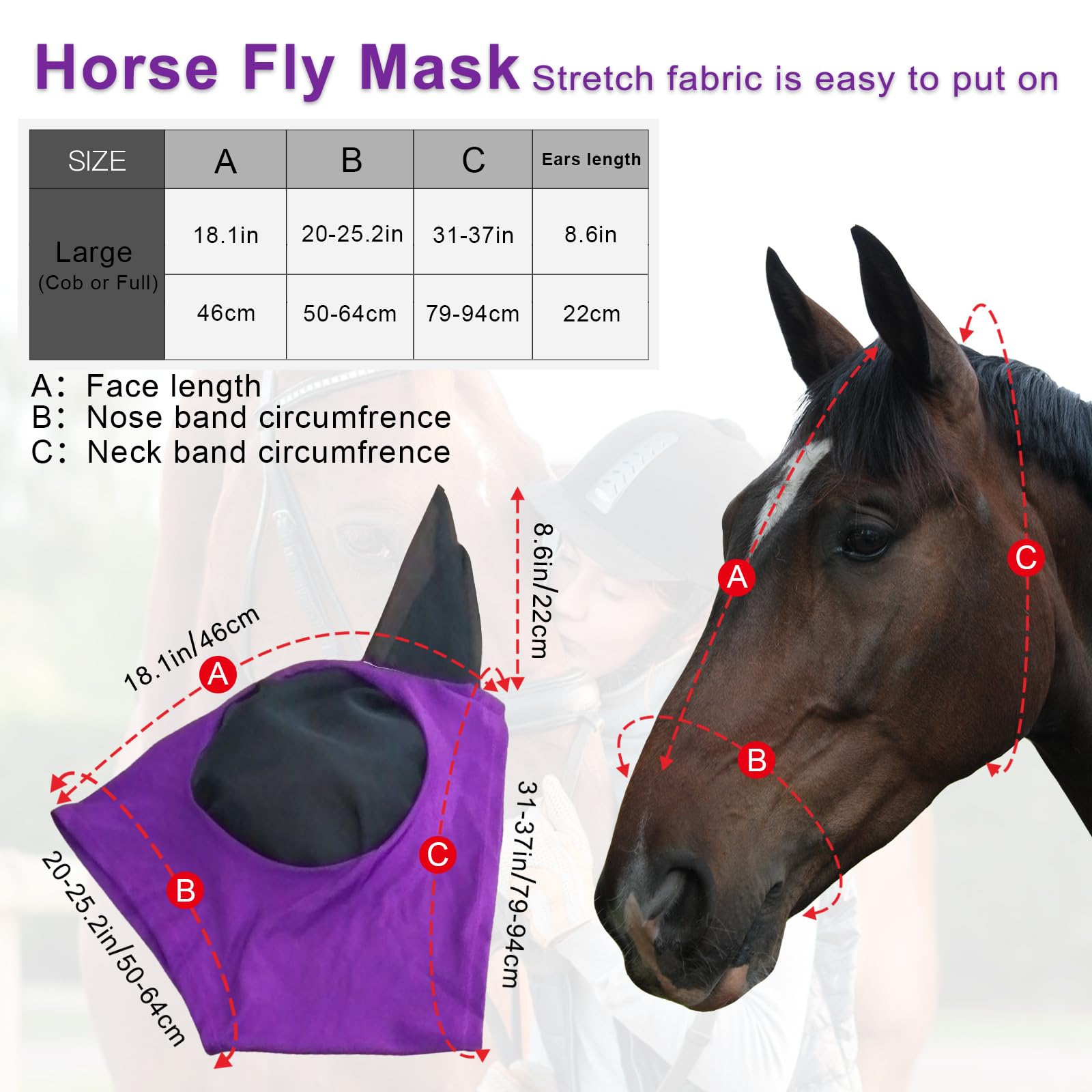 FOXLVDA 3 Pcs Horse Fly Mask - Fly Masks for Horses with Ears, Fashionable and Breathable Stretch Fabric with UV & Sun Protectio