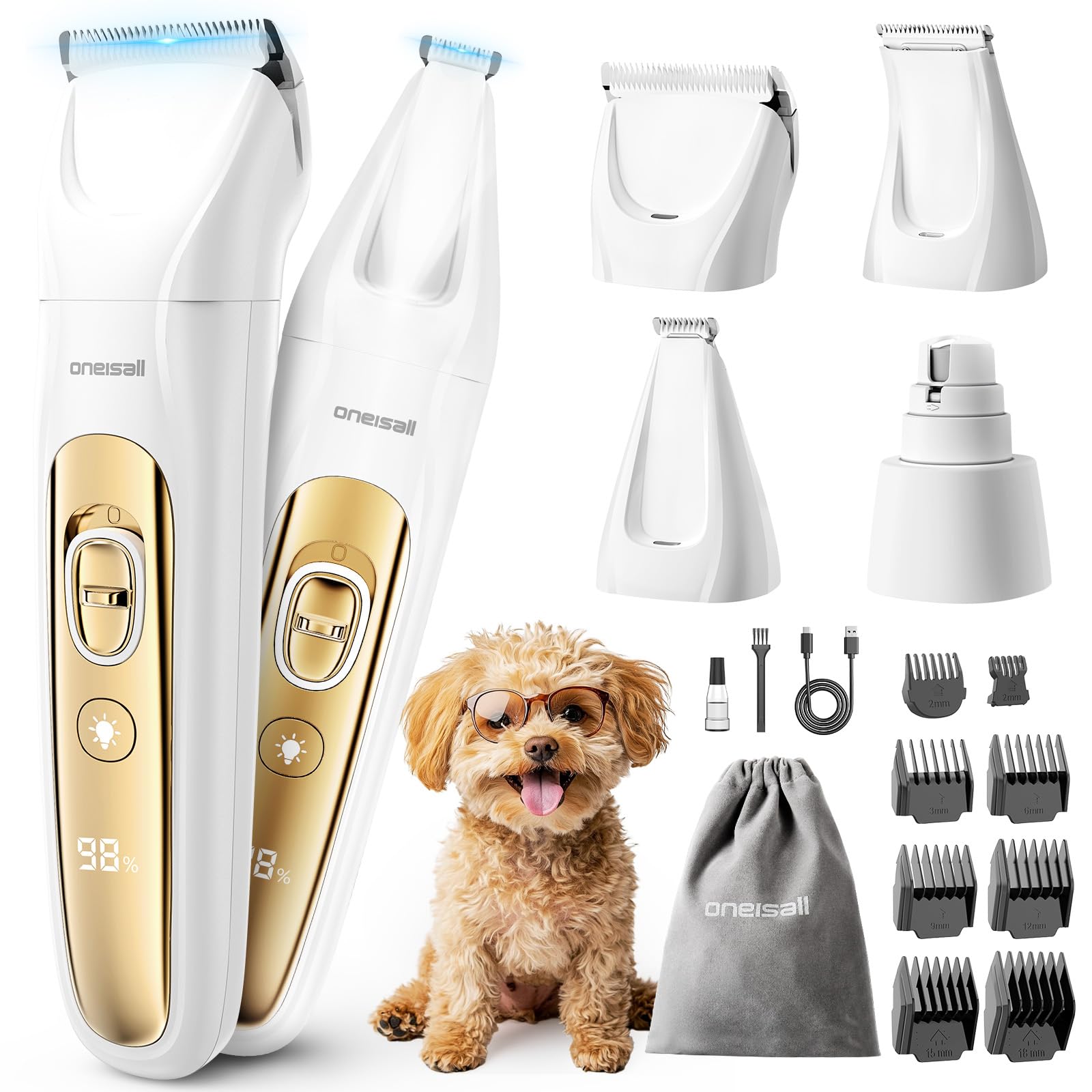 oneisall Quiet Dog Grooming Kit 4 in 1, LED Light Dog Nail Grinder, 2000mAh Pet Grooming Clippers Paw Trimmer for Paw, Nail, Fac