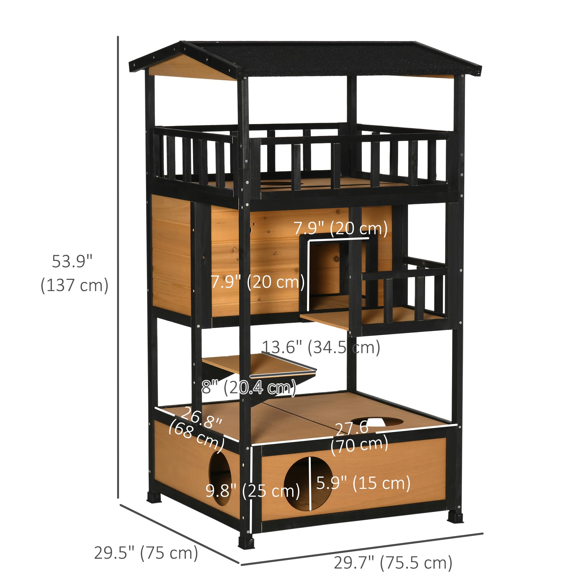 Pawhut Wooden Outdoor Cat House, Feral Cat Shelter Kitten Condo With Asphalt Roof, Escape Doors, Condo, Jumping Platform, Yellow