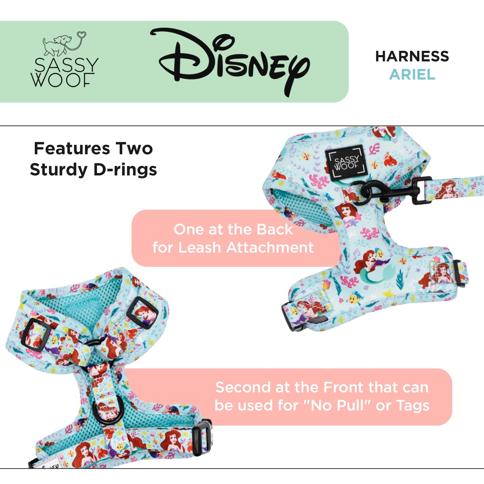 Sassy Woof Dog Adjustable Harness - Disney Princess Little Mermaid Ariel - L, Breathable Mesh, No Pull Design With Two D-Rings,