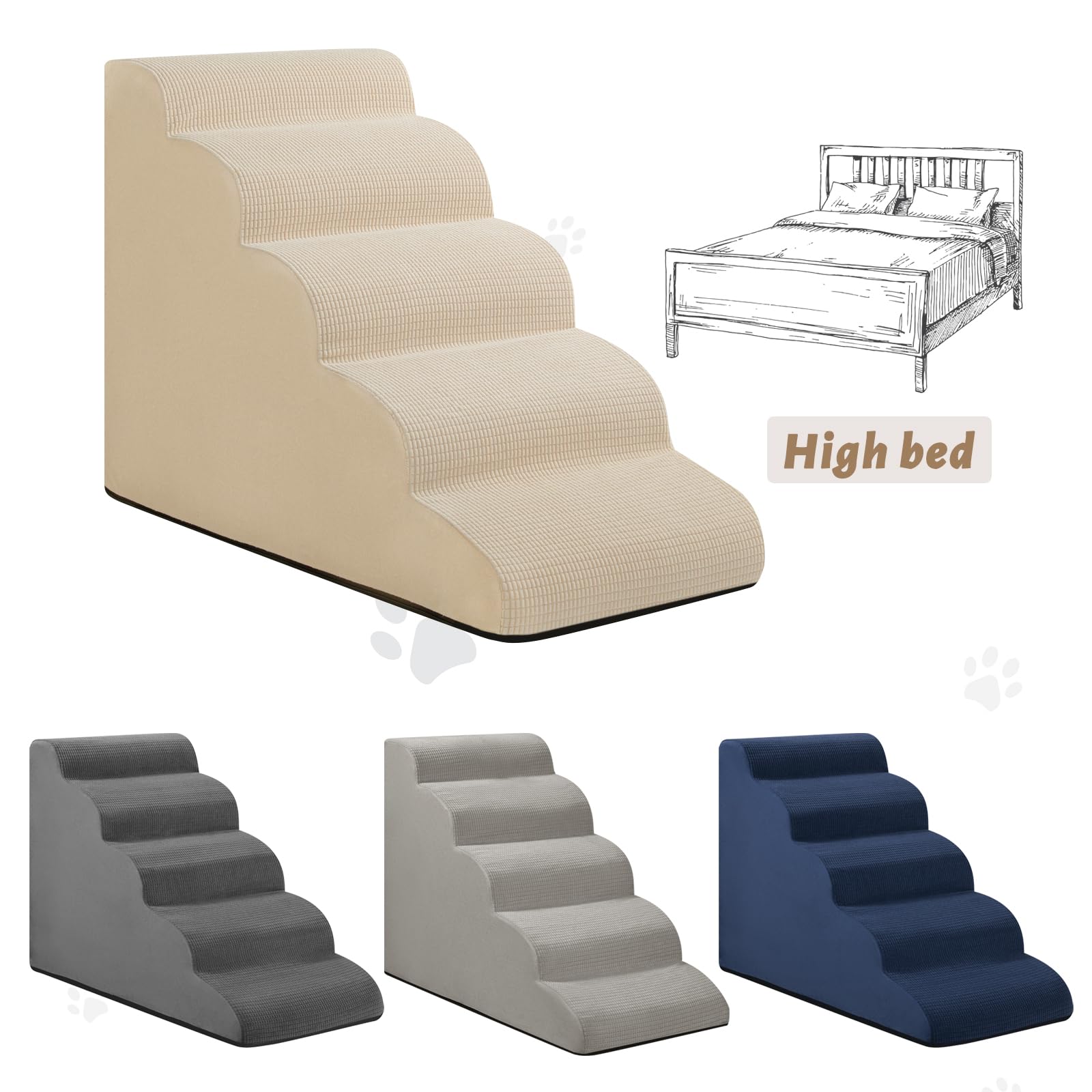Aodisman 5-Step Dog Stairs and Ramp for High Bed,Non-Slip Sturdy Pet Steps for Small Dogs and Cats,22.2 H,Beige