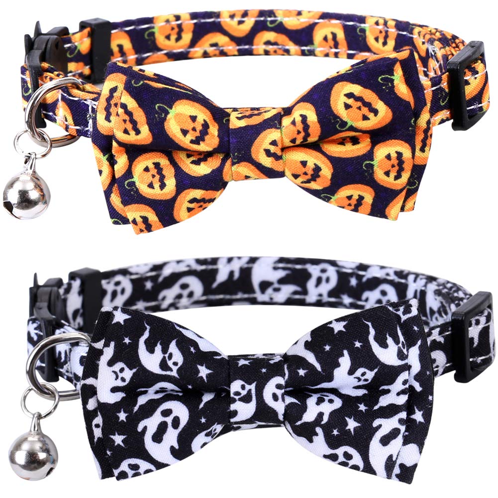 Lamphyface 2 Pack/Set Halloween Cat Collar Breakaway With Cute Bow Tie And Bell For Kitty Adjustable Safety