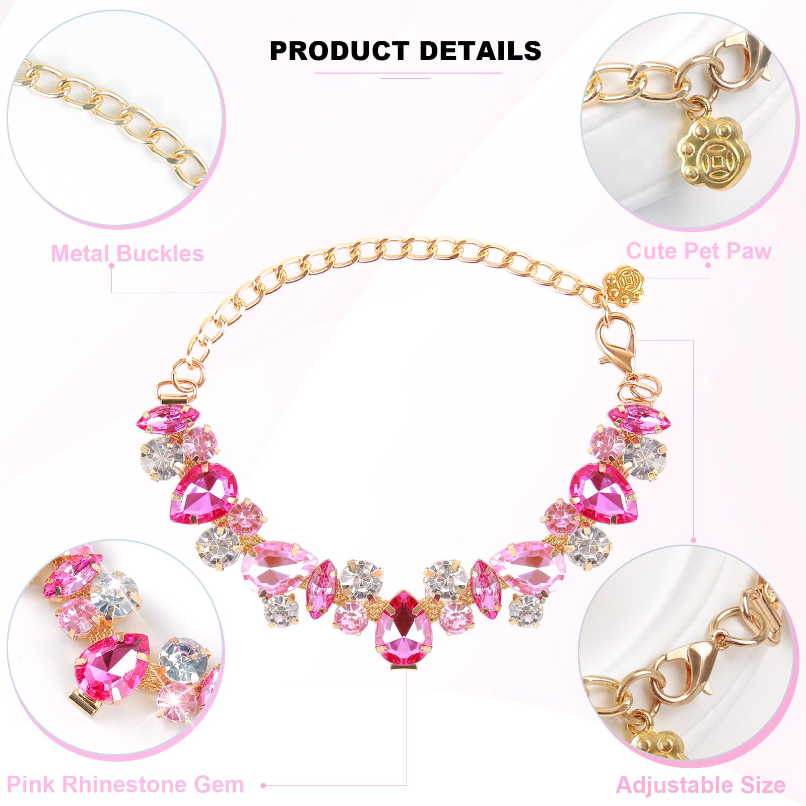 Howwfaly Dog Collar And Cat Collar Gold Chain Necklace Stainless Steel Adjustable Pink Diamonds Collar With Cute Pet Paw For Sma