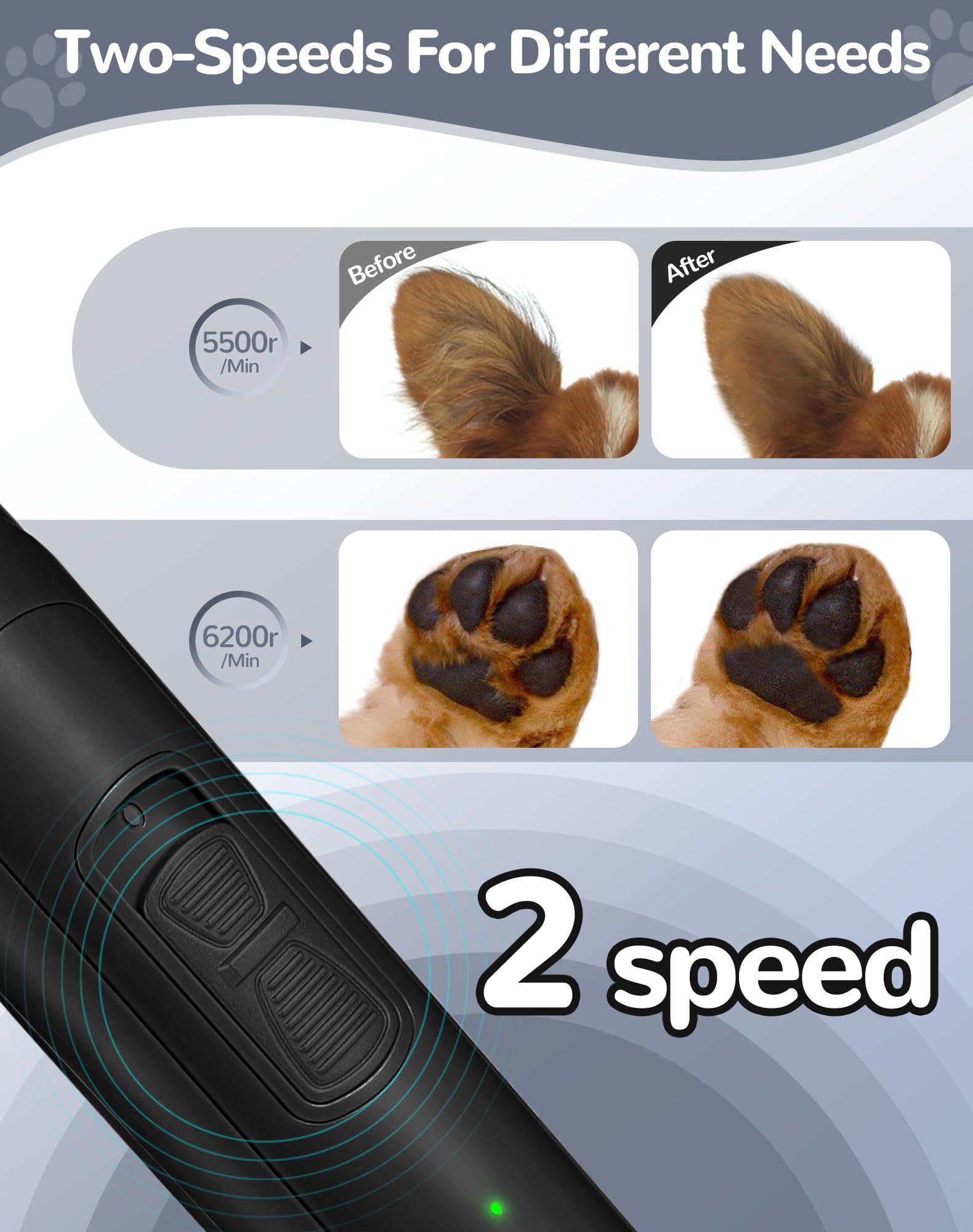 LEYOUFU Dog Clippers for Grooming, 2 Speed Low Noise Cordless Dog Paw Trimmer, Rechargeable Small Pet Hair Trimmer for Grooming,