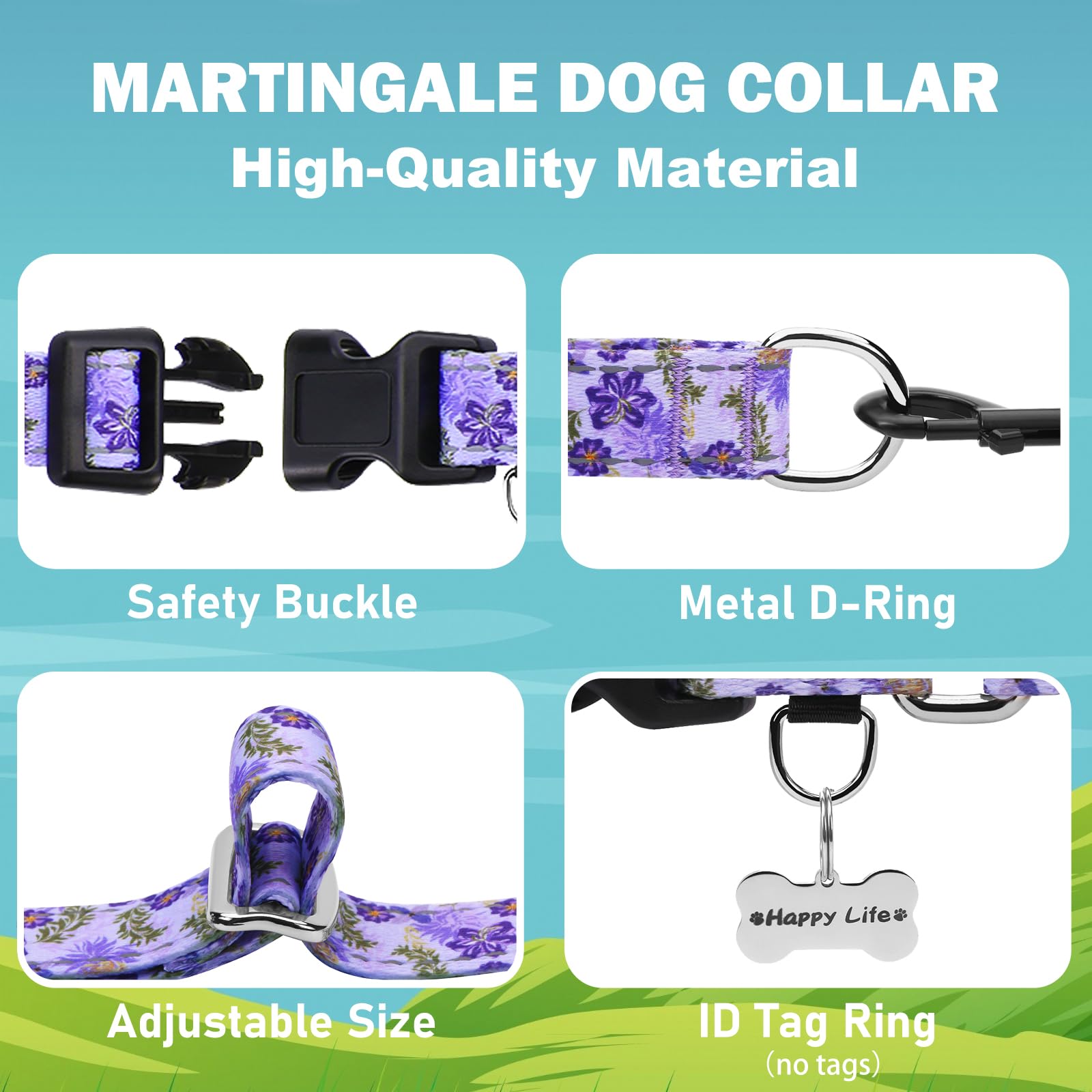 Fidohug Reflective Martingale Collar For Dogs With Quick Release Buckle Cute Girl Female Flower Dog Collars (Lavender Floral, La
