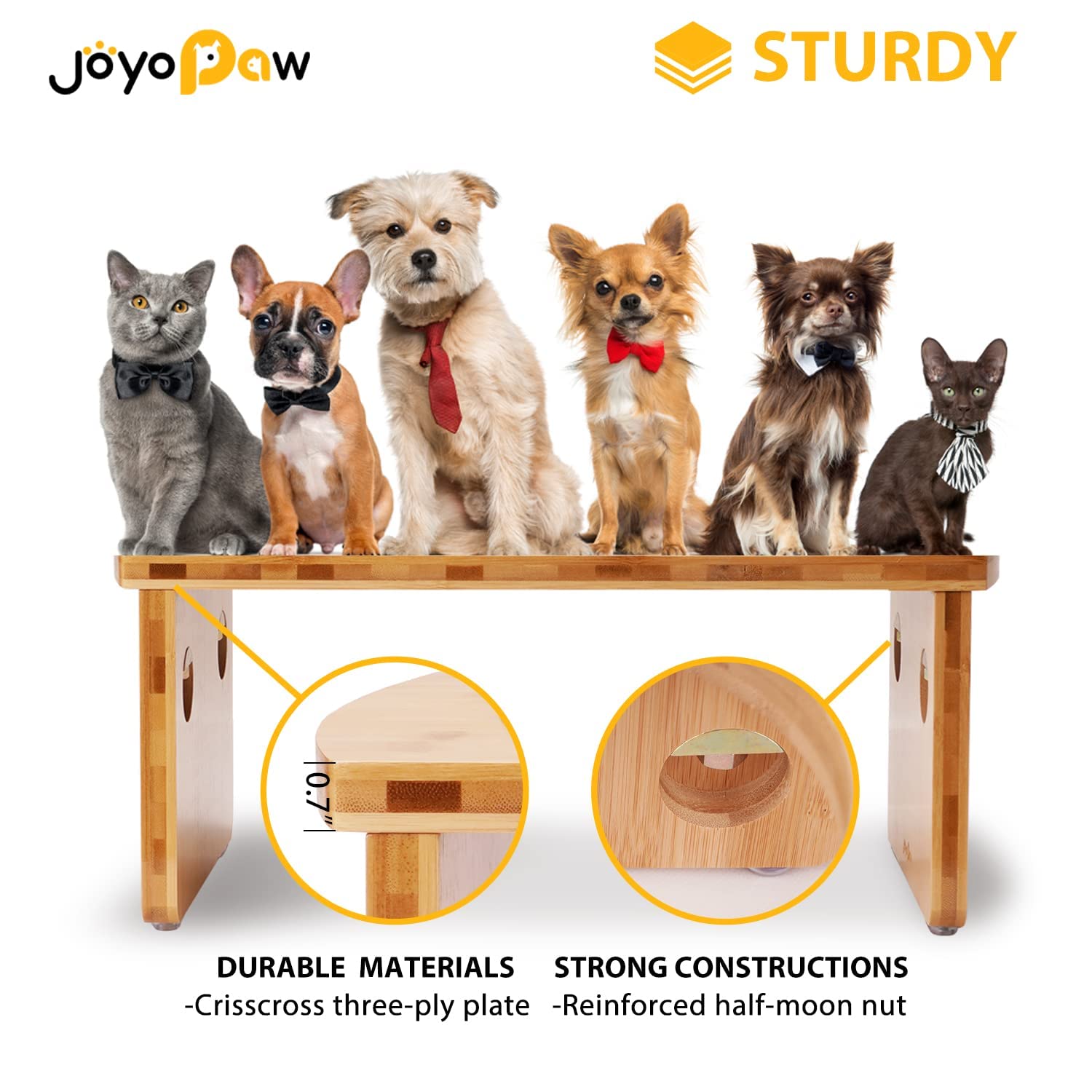 JOYOPAW Elevated Dog Bowls - Bamboo Raised Dog Bowl for Small Dogs & Cats, 4'' Tall with 3 Stainless Steel Bowls (20oz*2, 12oz*1)