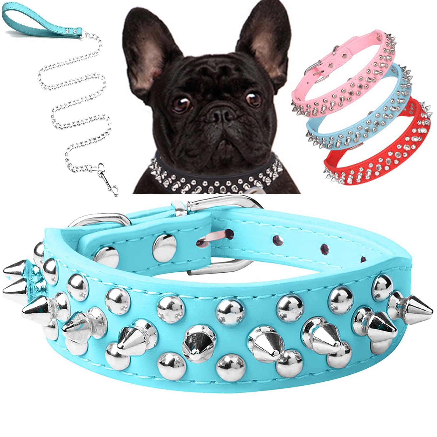 Serijoars Spiked Dog Collar Soft Pu Leather Mushrooms Rivet Spike Studded Dog Collar Adjustable Puppy Collars (Xs, Light Blue Se