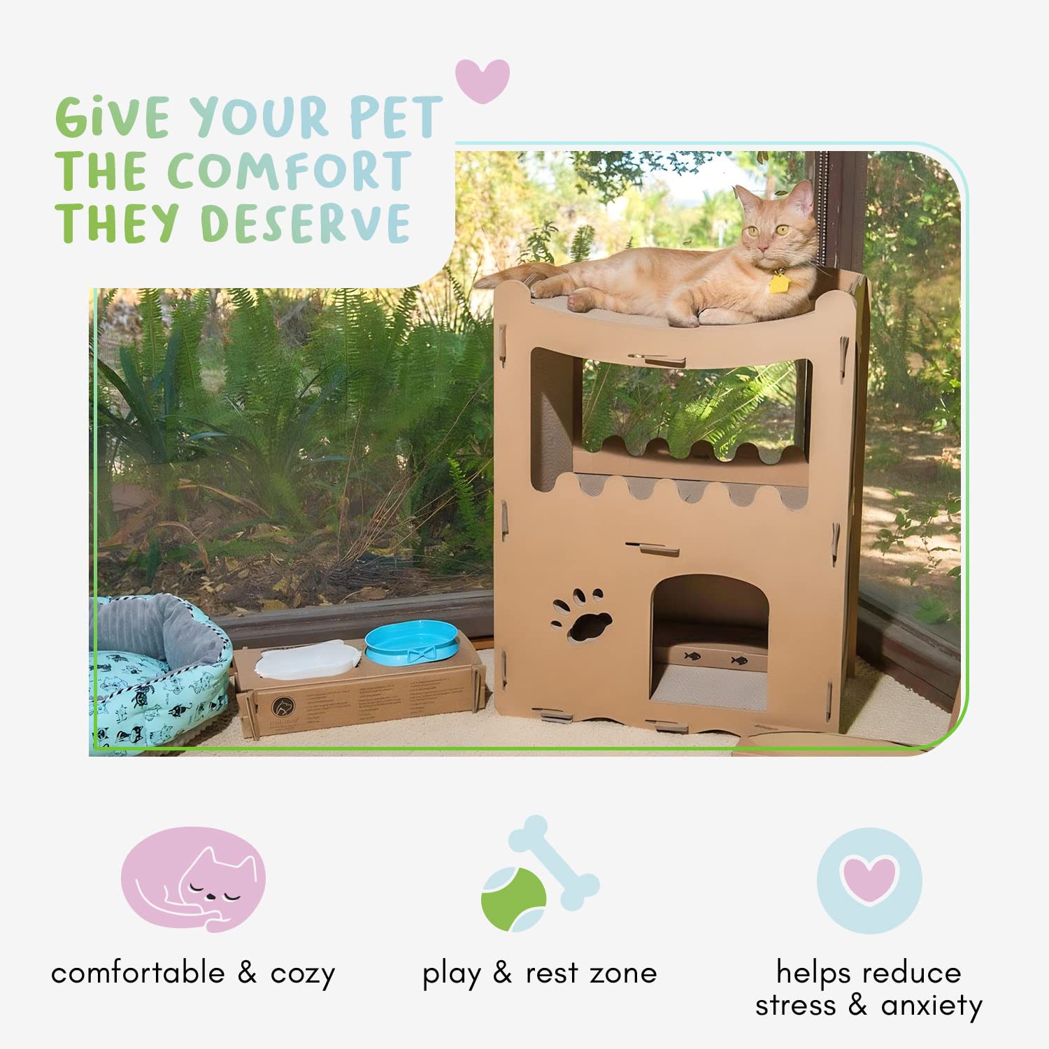 Petique Feline Penthouse Cat House, Sustainable, Safe, Multi-Level, Scratch Boards, Easy Assembly, Non-Toxic, Spacious, Compostable, Biodegradable, Supports Up To 33 Lbs, For Small/Medium Pets