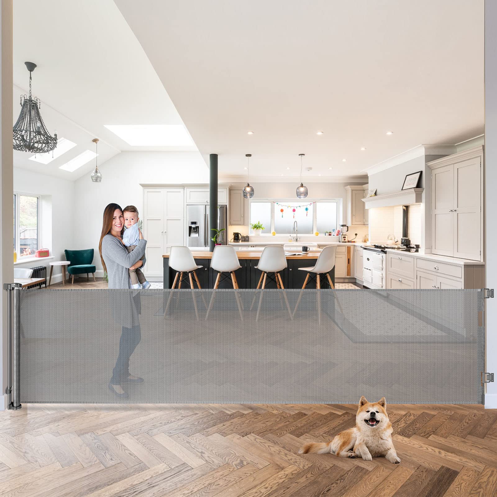 120 Inch Extra Wide Baby Gate Extra Long Dog Gate For The House Retractable Baby Gates For Doorways Super Large Pet Gate For Dogs Indoor Mesh Child Gates For Wide Openings Safety Toddler Gates (Grey)