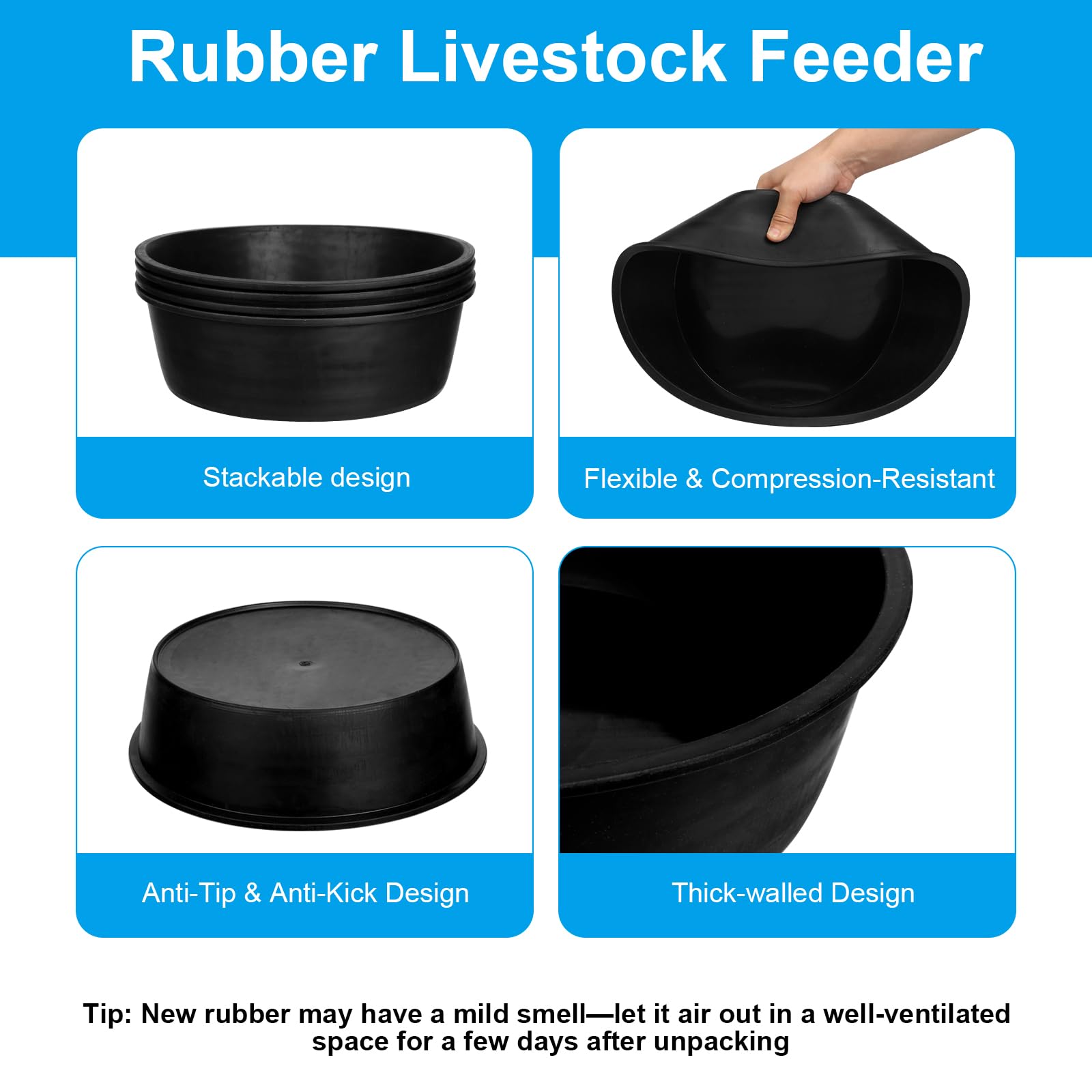 4 Pcs Rubber Feed Pan, 4 Quart 10.6 x 4.1 Inche Livestock Feeding Bucket, Dust Bath Container, Durable Utility Bowl for Horse Ca