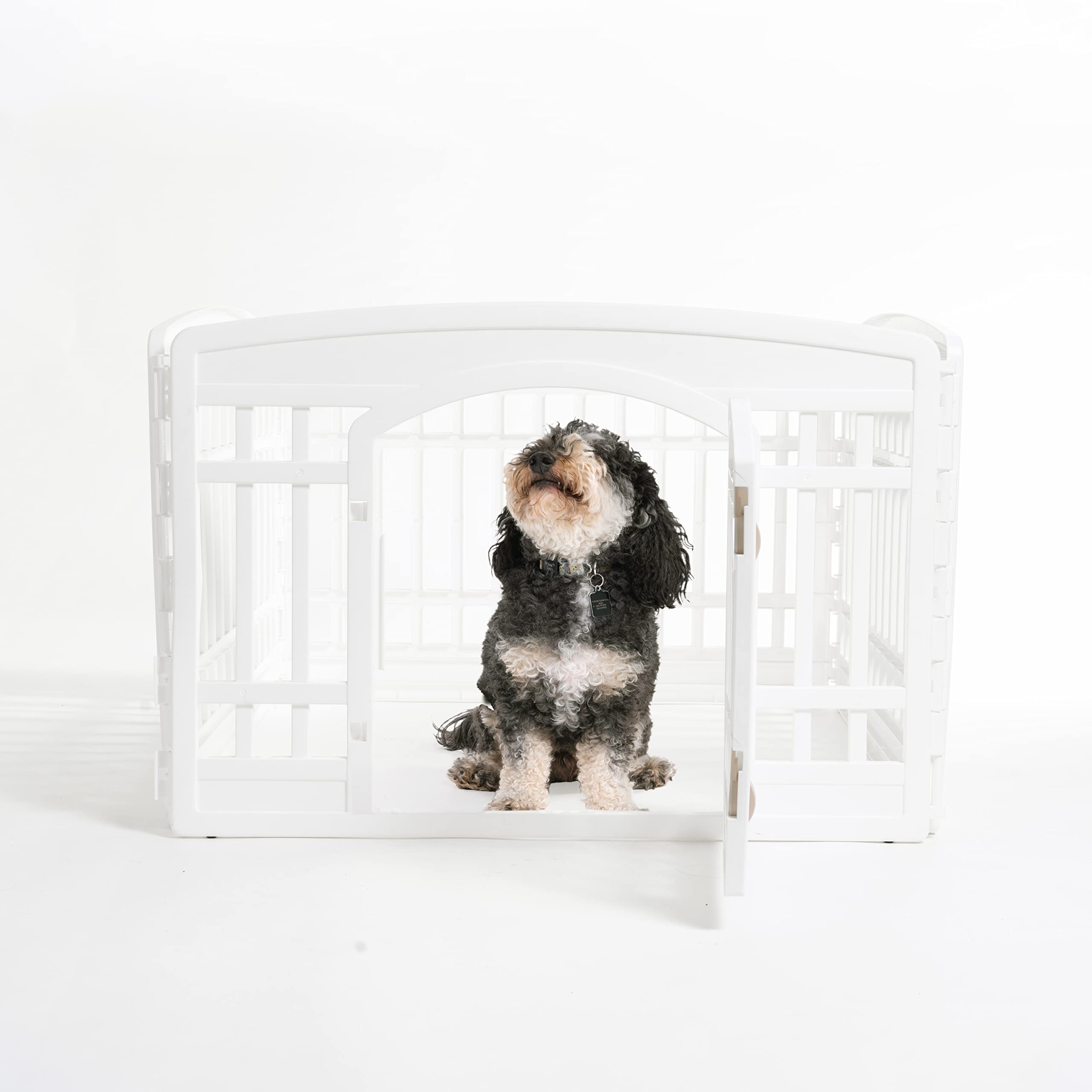 Iris Usa 24' Exercise 4-Panel Pet Playpen With Door, Dog Playpen, Puppy Playpen, For Puppies And Small Dogs, Keep Pets Secure, Easy Assemble, Fold It Down, Easy Storing, Customizable, White