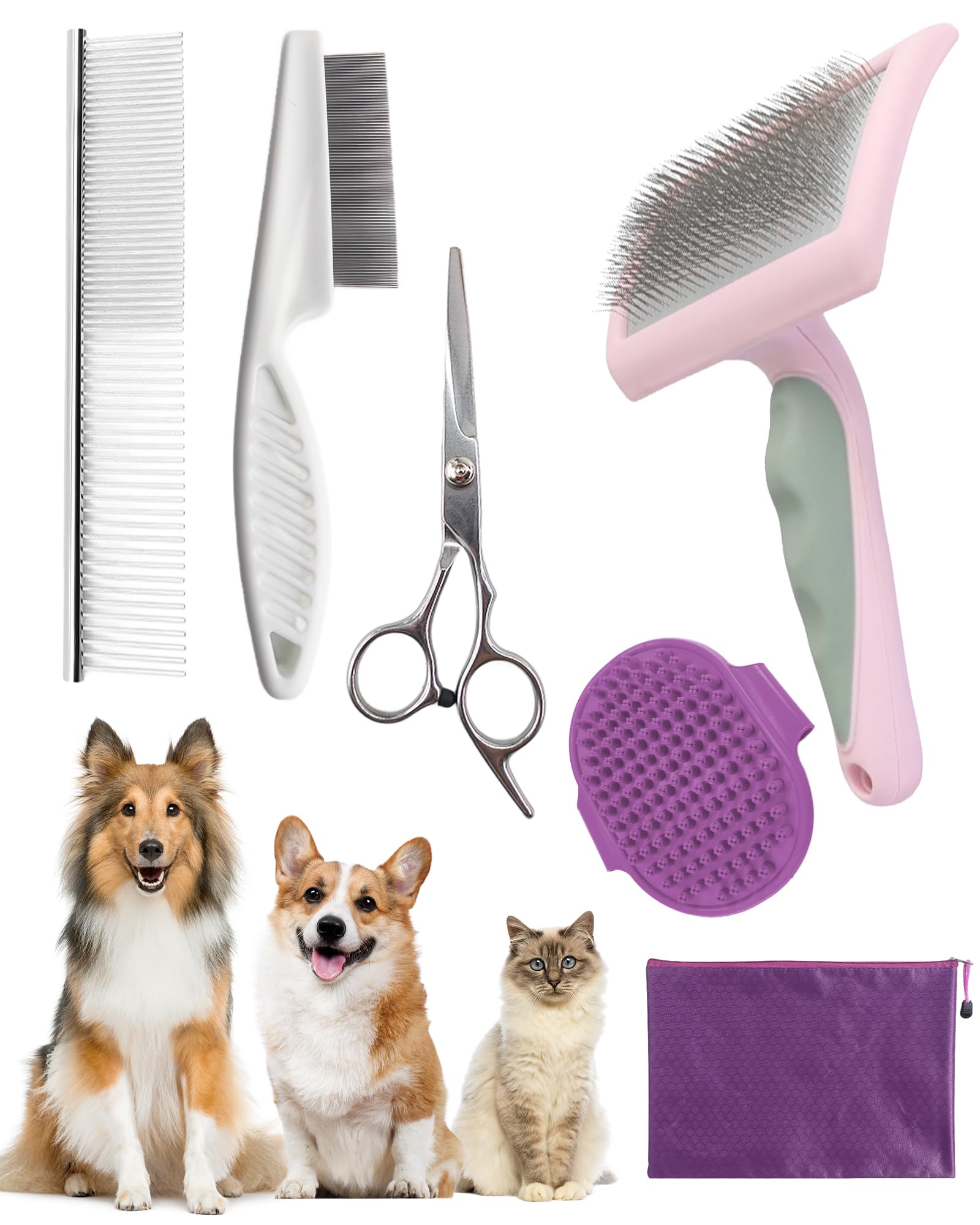 Kueiox Dog Brush For Shedding Grooming,6 Pack Long-Pin Brush Set For Long Haired Dog Cat Goldendoodles Poodles Doodles Purple