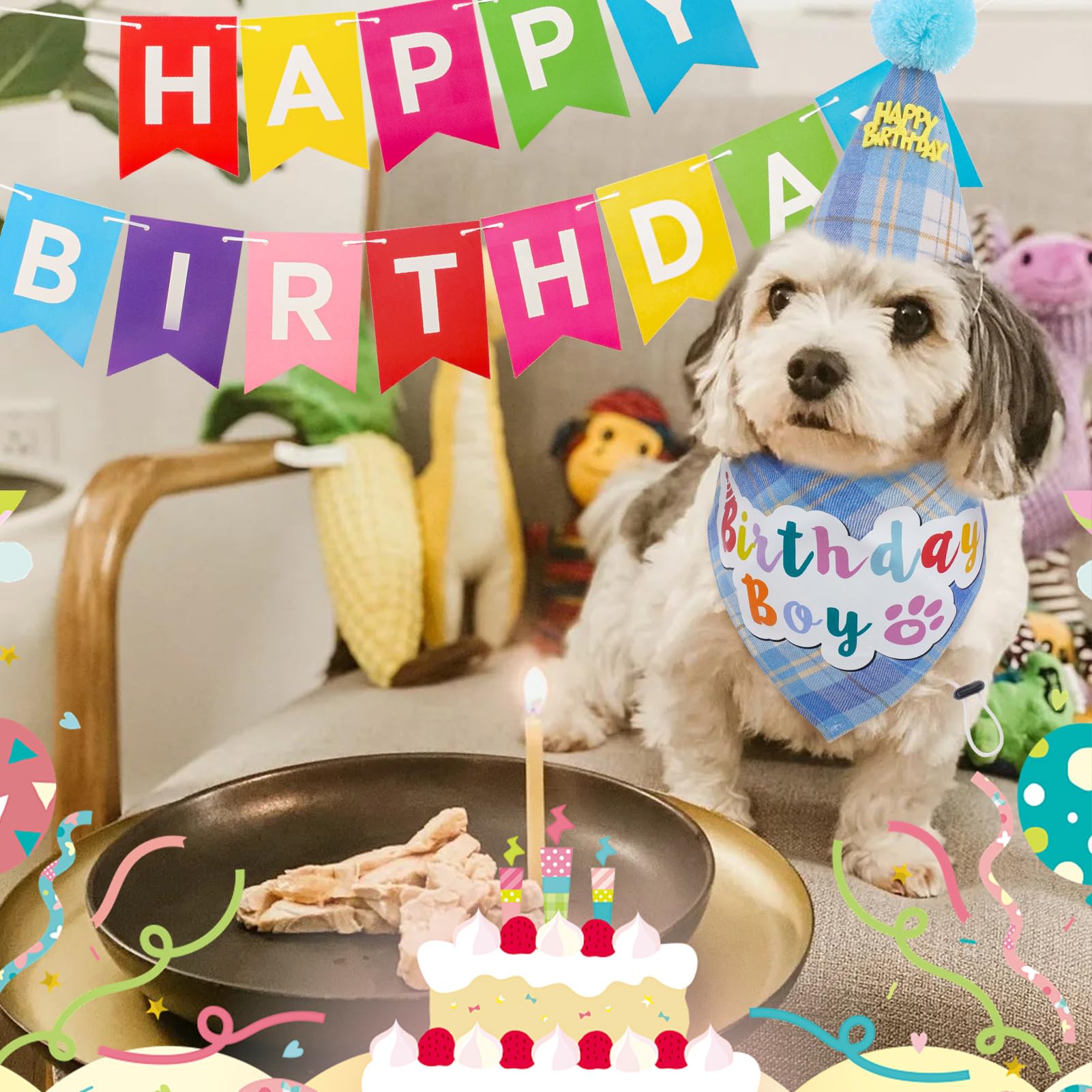 SCENEREAL Dog Birthday Bandana Hat Set, Puppy Birthday Party Supplies for Boys Dogs, Pet Birthday Scarf Outfit with Sign Banner