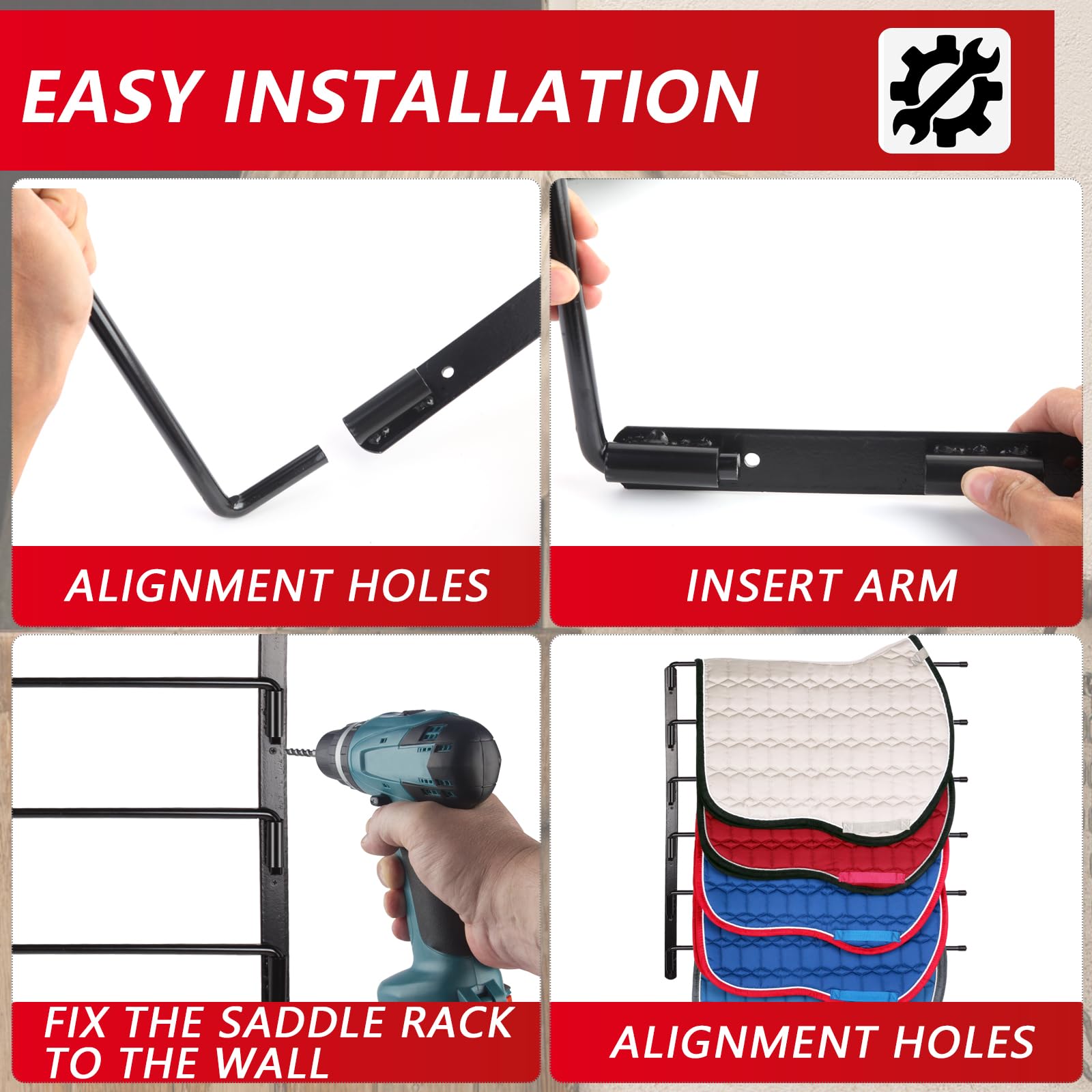 TOMESHA Saddle Pad Rack - Heavy Duty Wall Mount, Extra-Long Rack Arms, Black, Model ZMA-001, Ideal for Horse Blankets and Accessories