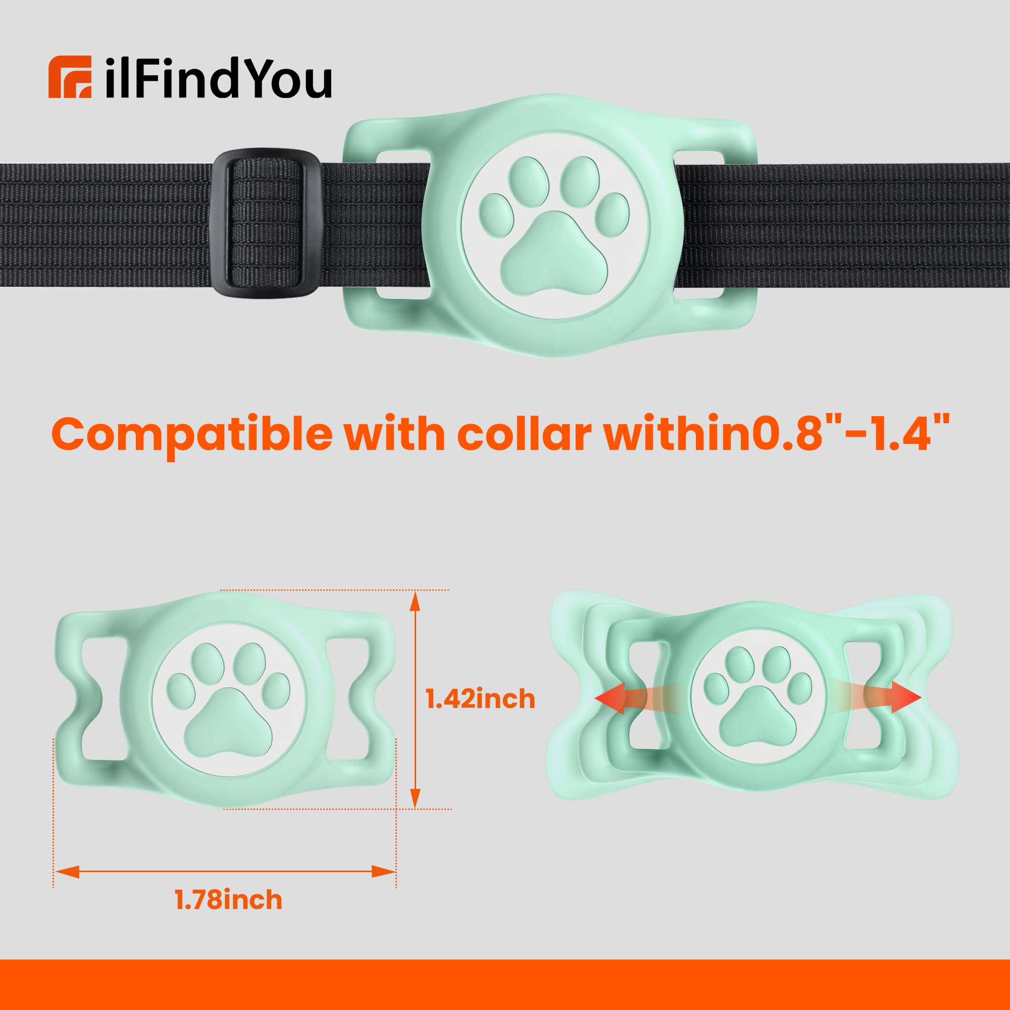 ILFINDYOU Waterproof Silicone Airtag Dog Collar Holder, Light Green, IP68 Waterproof for Apple Air Tag