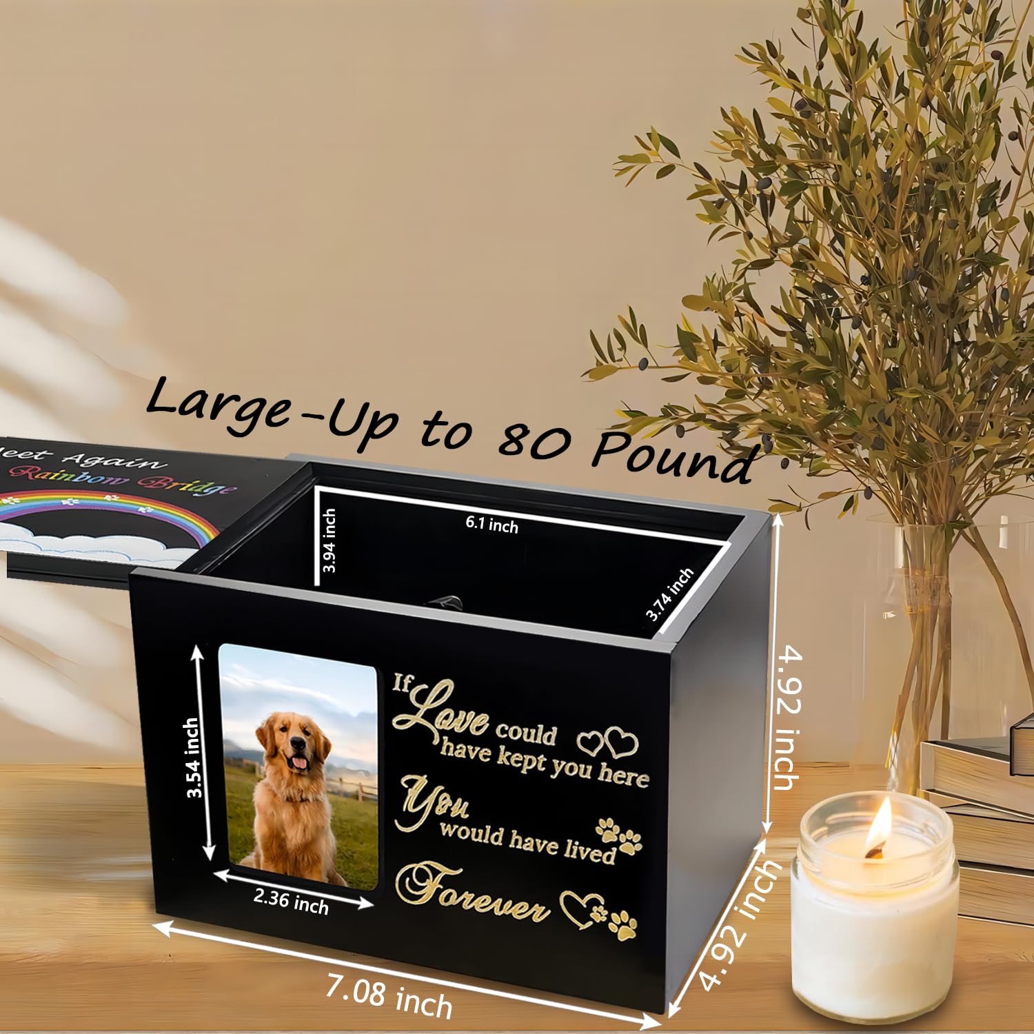 Sofunii Pet Urns For Dogs Or Cats Ashes,Large Wooden Funeral Cremation Memorial Box With Photo Frame,Rainbow Bridge Keepsake Wit