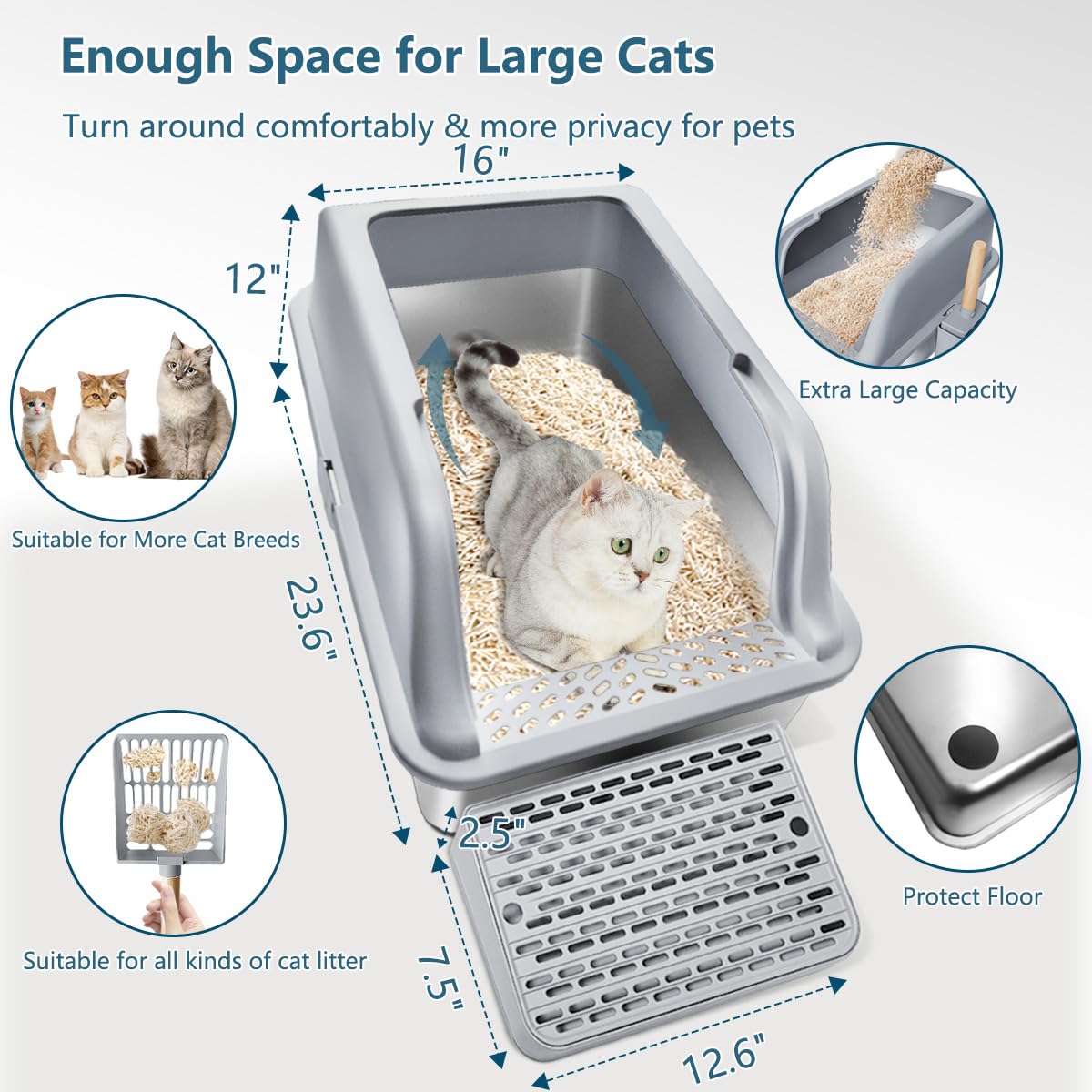 Lmebe 2 Pack Xl Large Enclosed Jumbo Stainless Steel Cat Litter Box,Kitty Metal Litter Box With Lid Footboard Litter Scoop Non-S
